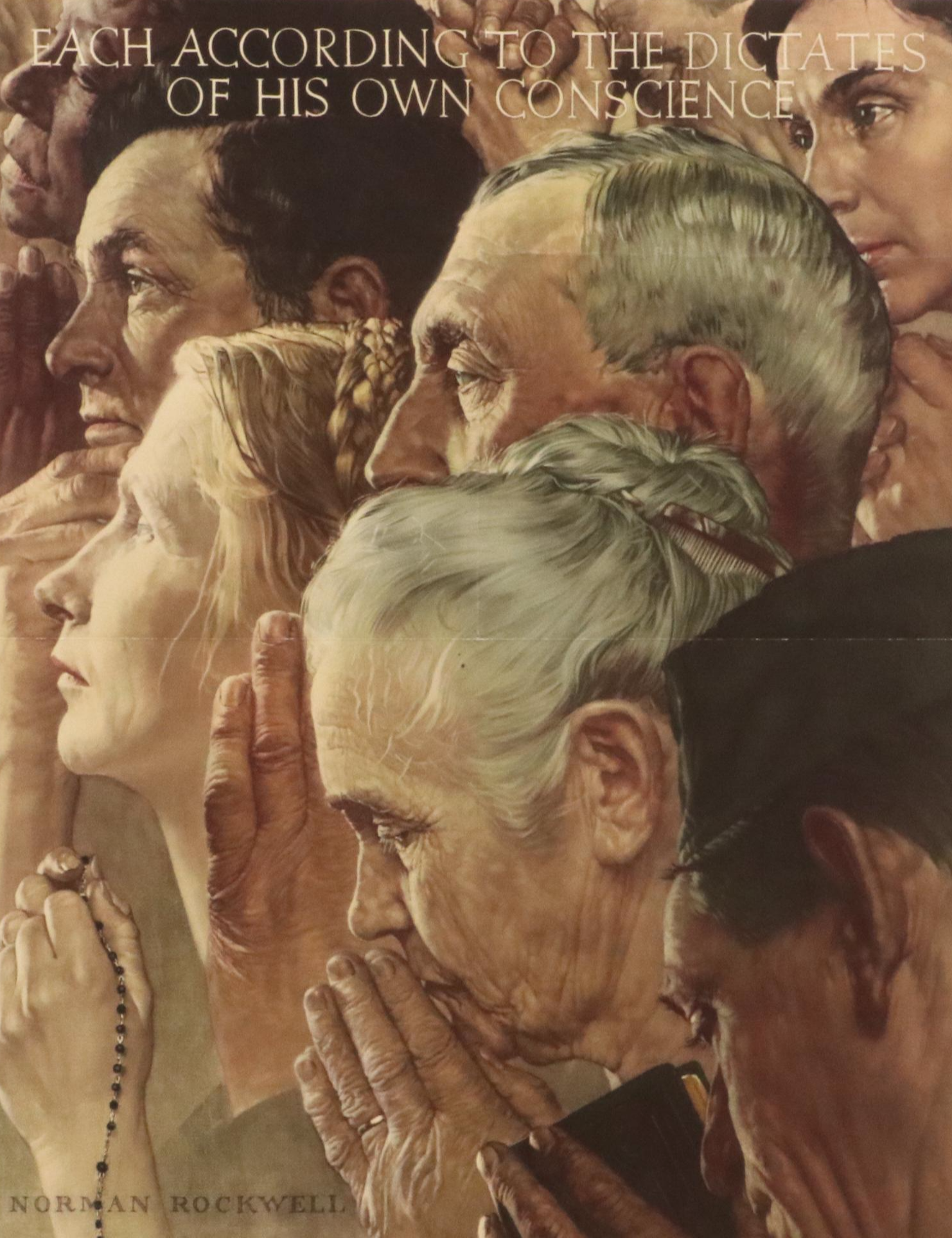 WWII OWI War Bonds Poster After Norman Rockwell "Freedom of Worship," 1943