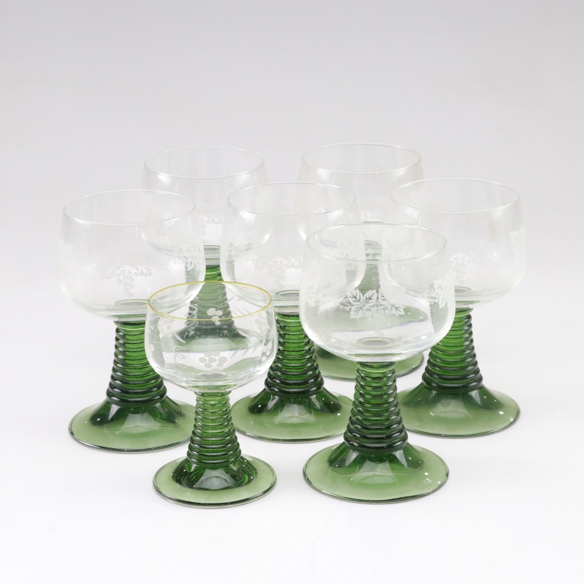 German Green Ribbed Stem Roemer Wine Glasses with Etched Grape Motif