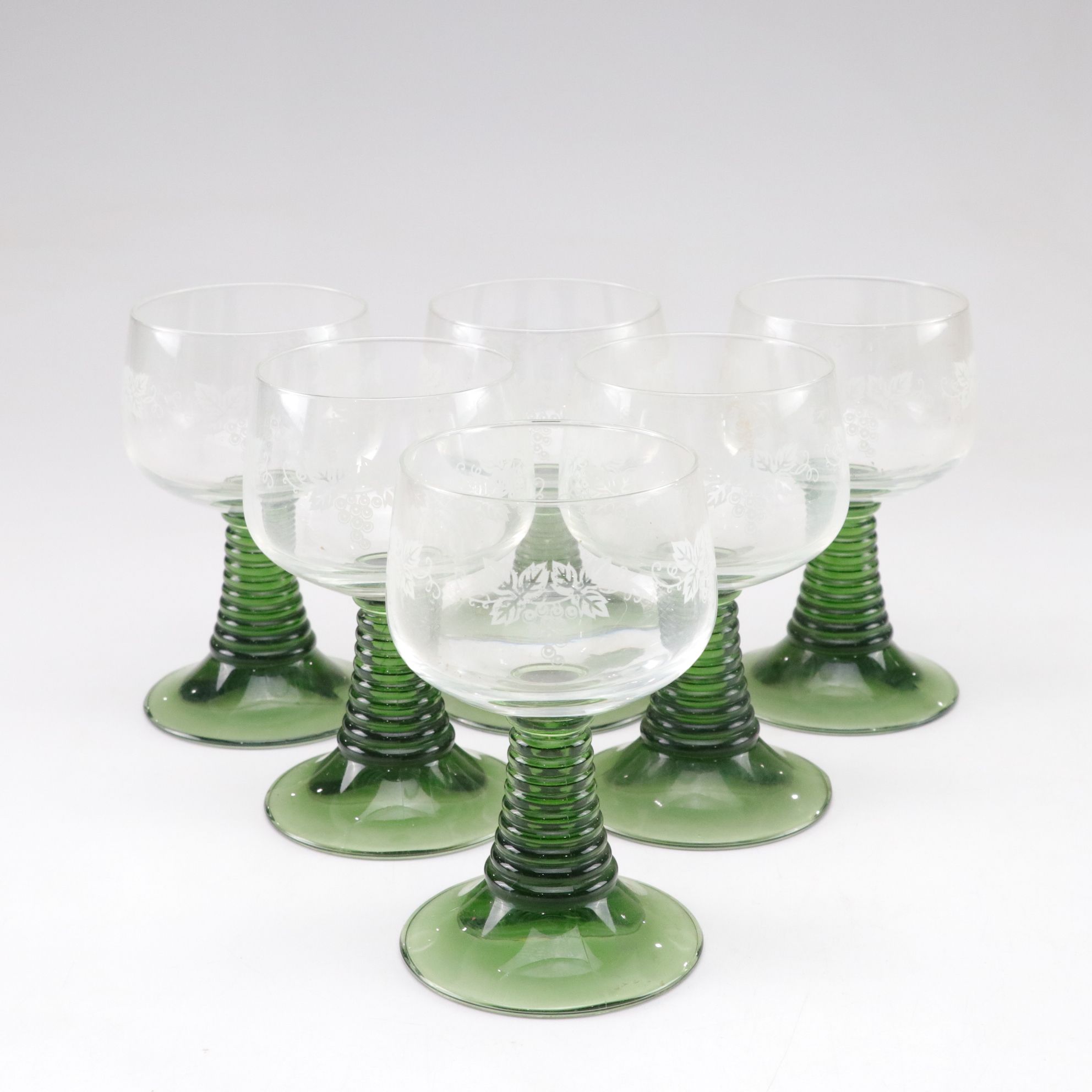 German Green Ribbed Stem Roemer Wine Glasses with Etched Grape Motif
