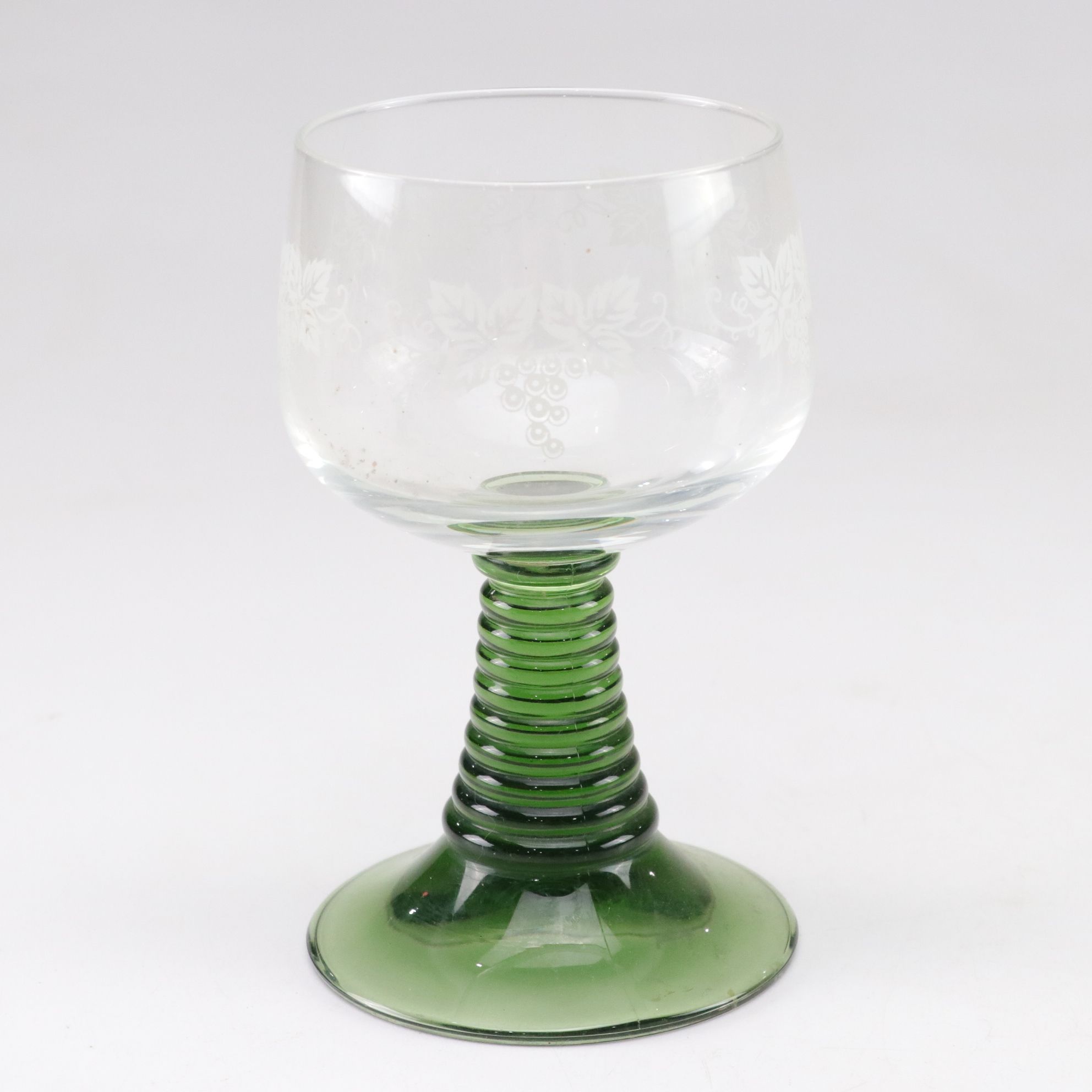 German Green Ribbed Stem Roemer Wine Glasses with Etched Grape Motif