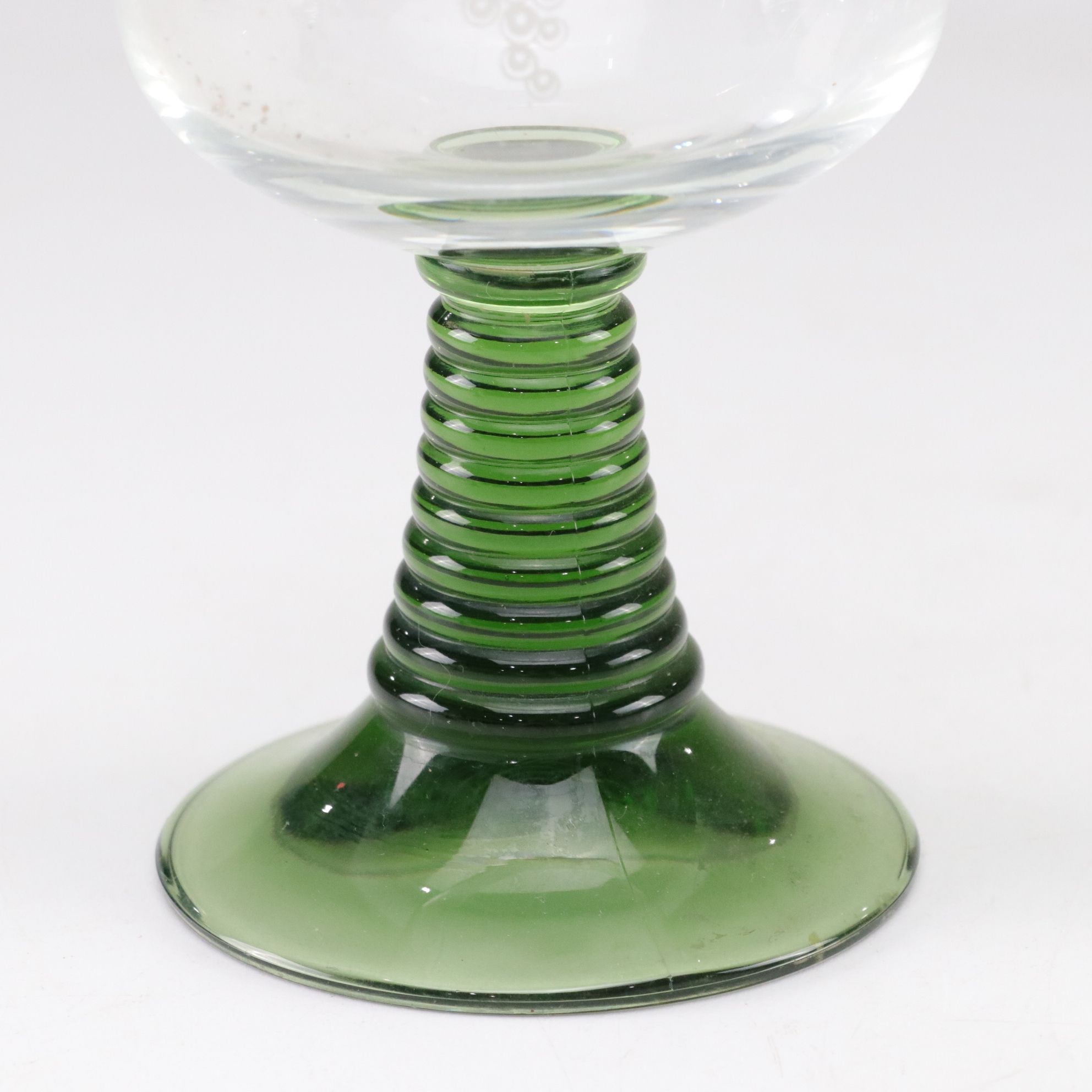 German Green Ribbed Stem Roemer Wine Glasses with Etched Grape Motif