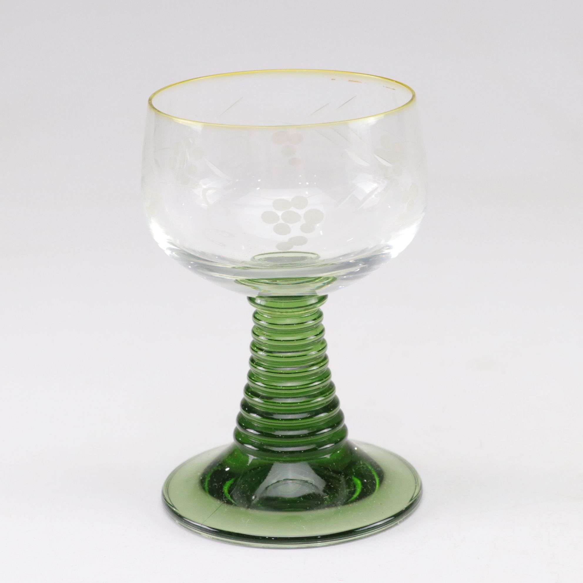 German Green Ribbed Stem Roemer Wine Glasses with Etched Grape Motif