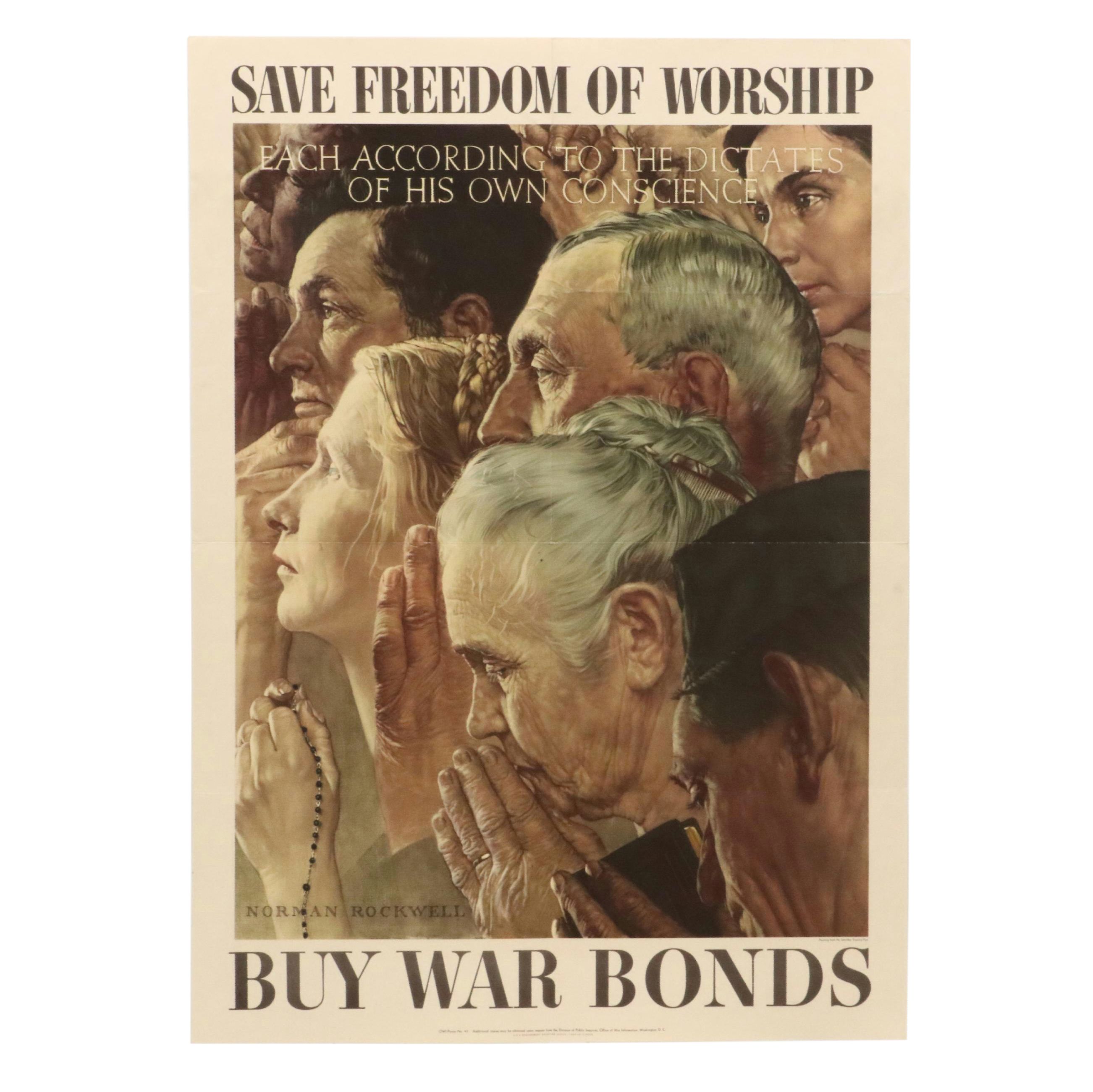 WWII OWI War Bonds Poster After Norman Rockwell "Freedom of Worship," 1943
