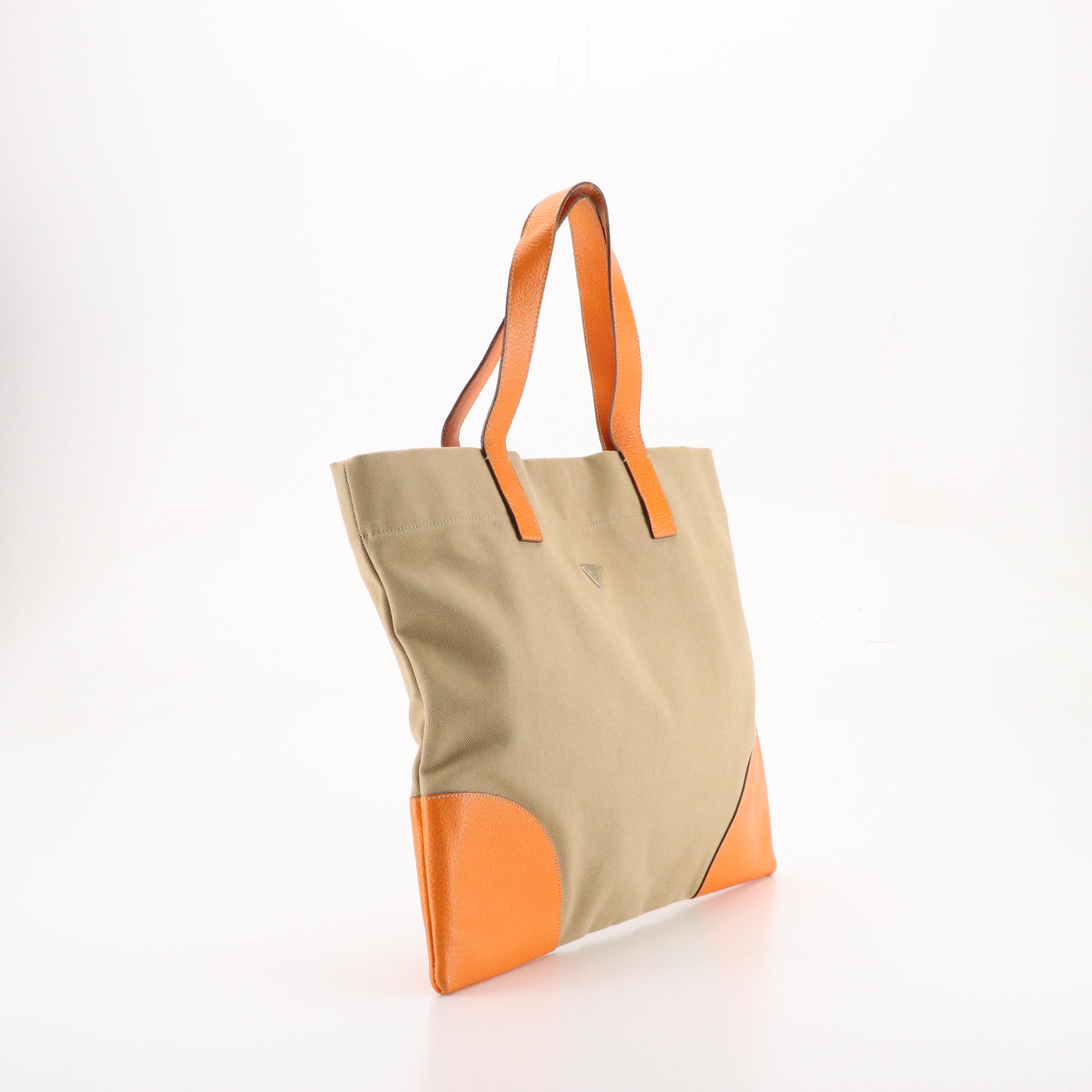 Prada Tote in Neutral Canvas and Orange Leather Trim