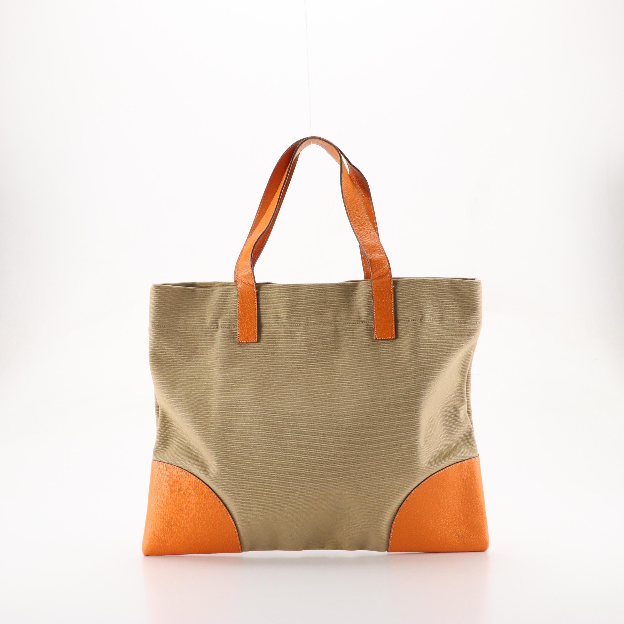 Prada Tote in Neutral Canvas and Orange Leather Trim