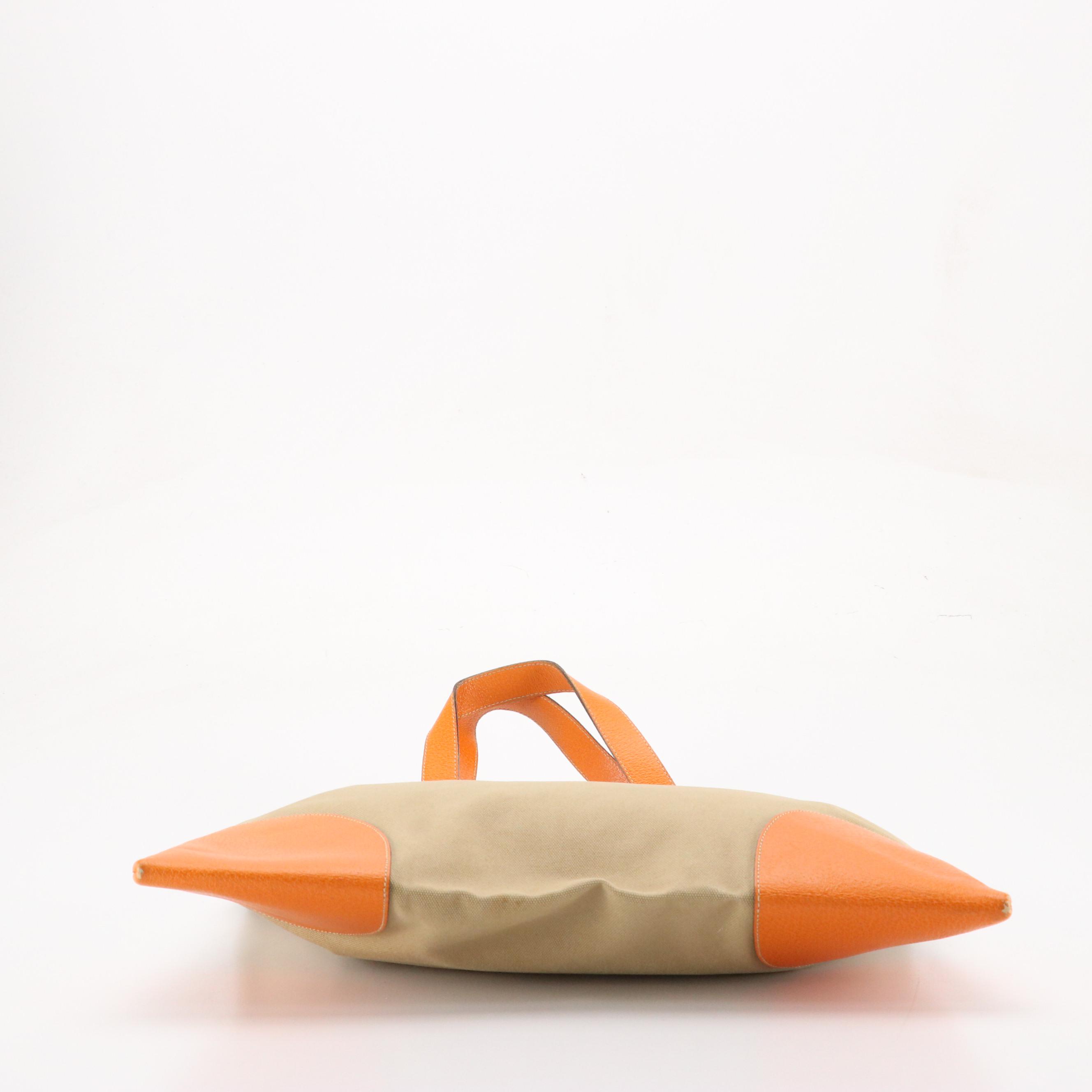 Prada Tote in Neutral Canvas and Orange Leather Trim