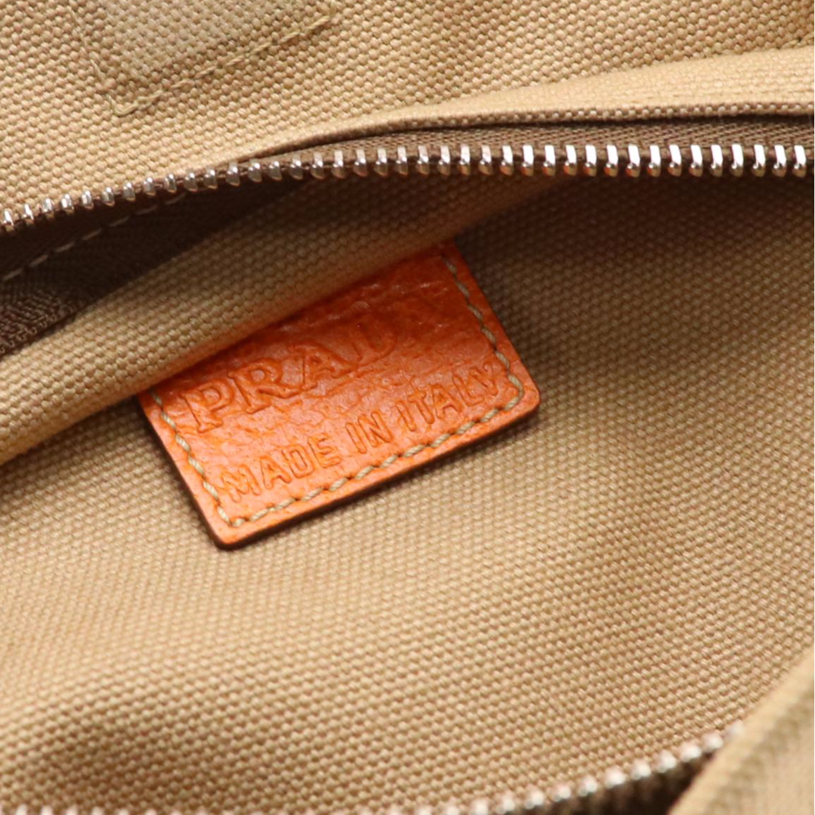 Prada Tote in Neutral Canvas and Orange Leather Trim