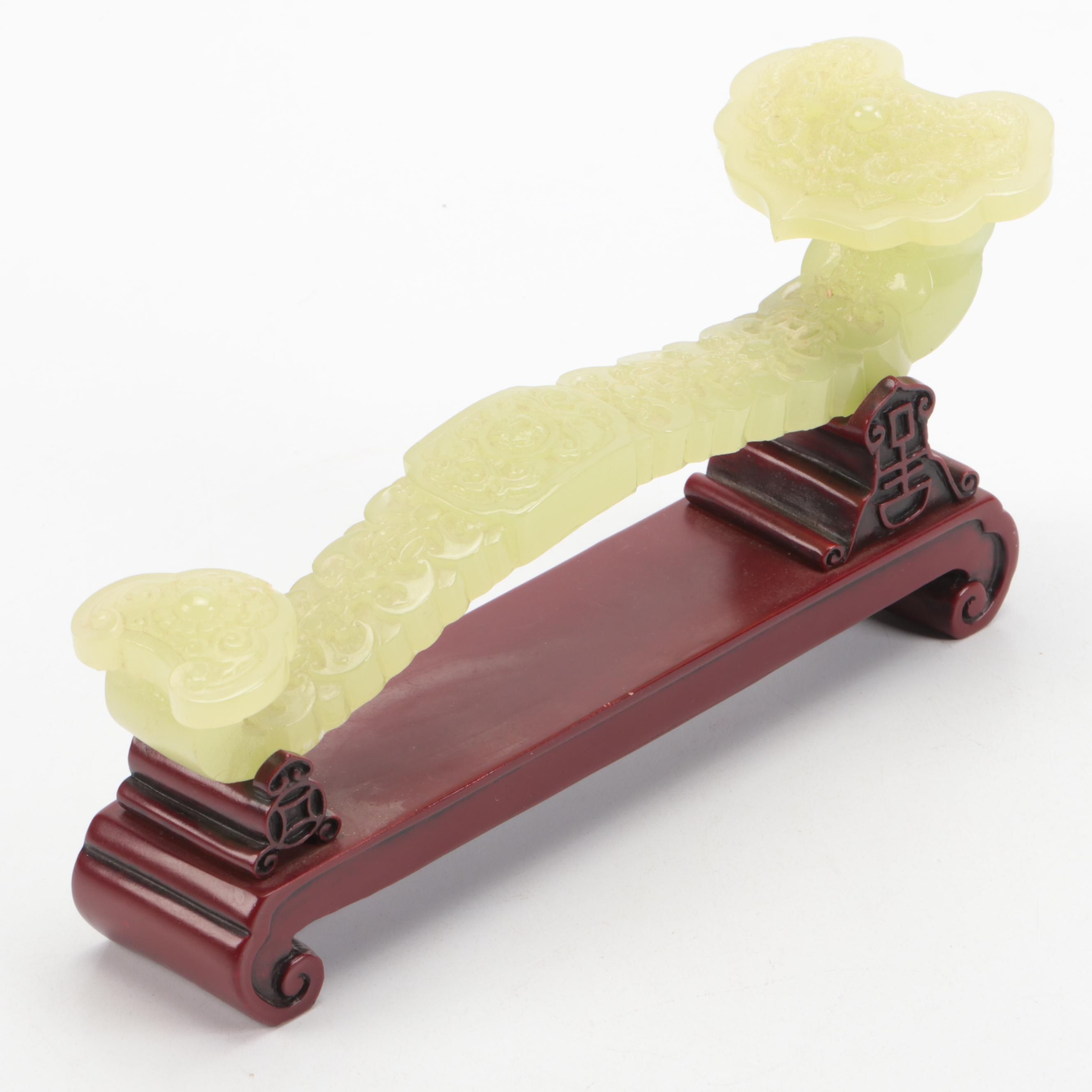 Chinese Glass Ruyi Scepter on Wood Base