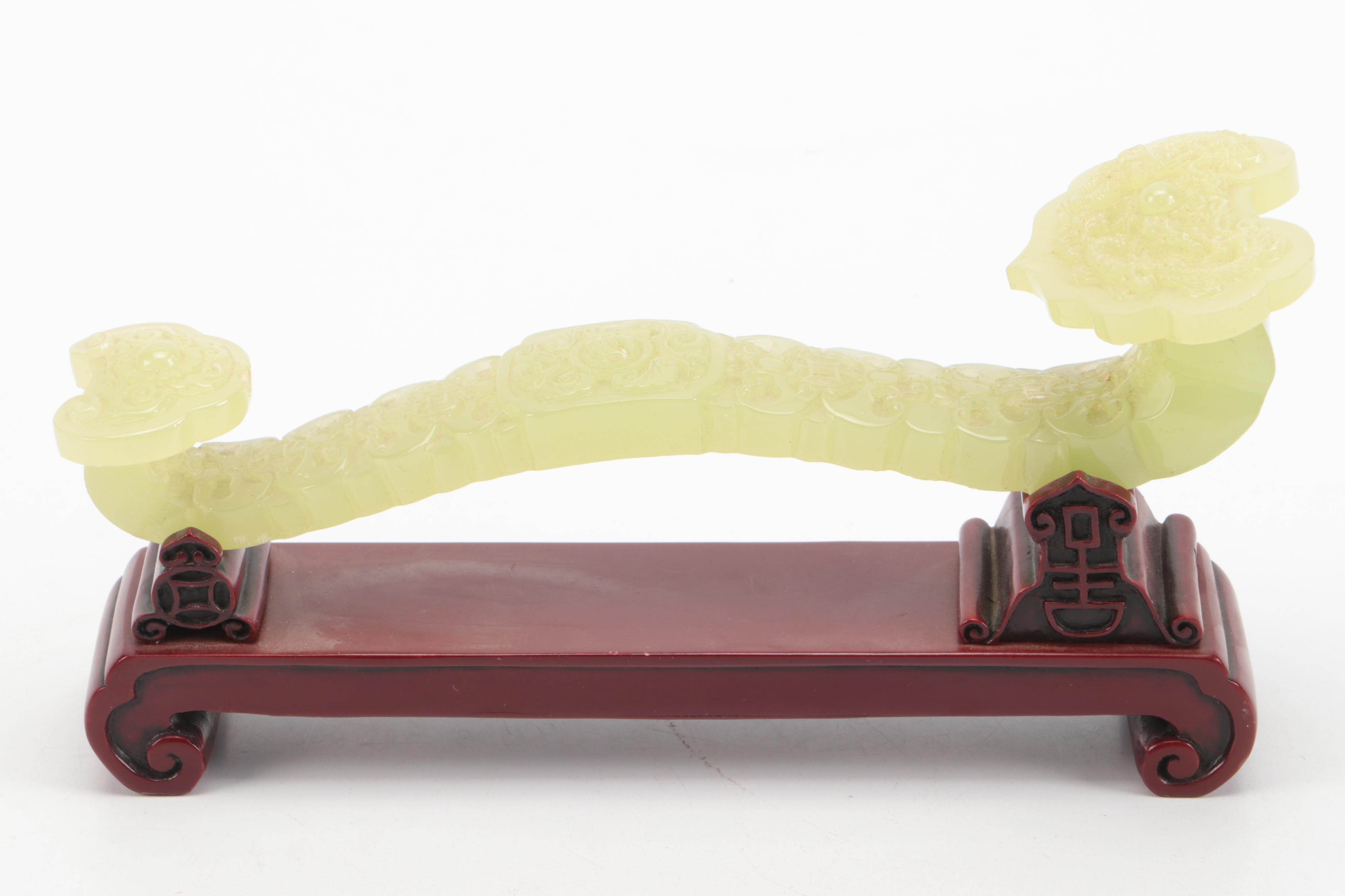 Chinese Glass Ruyi Scepter on Wood Base