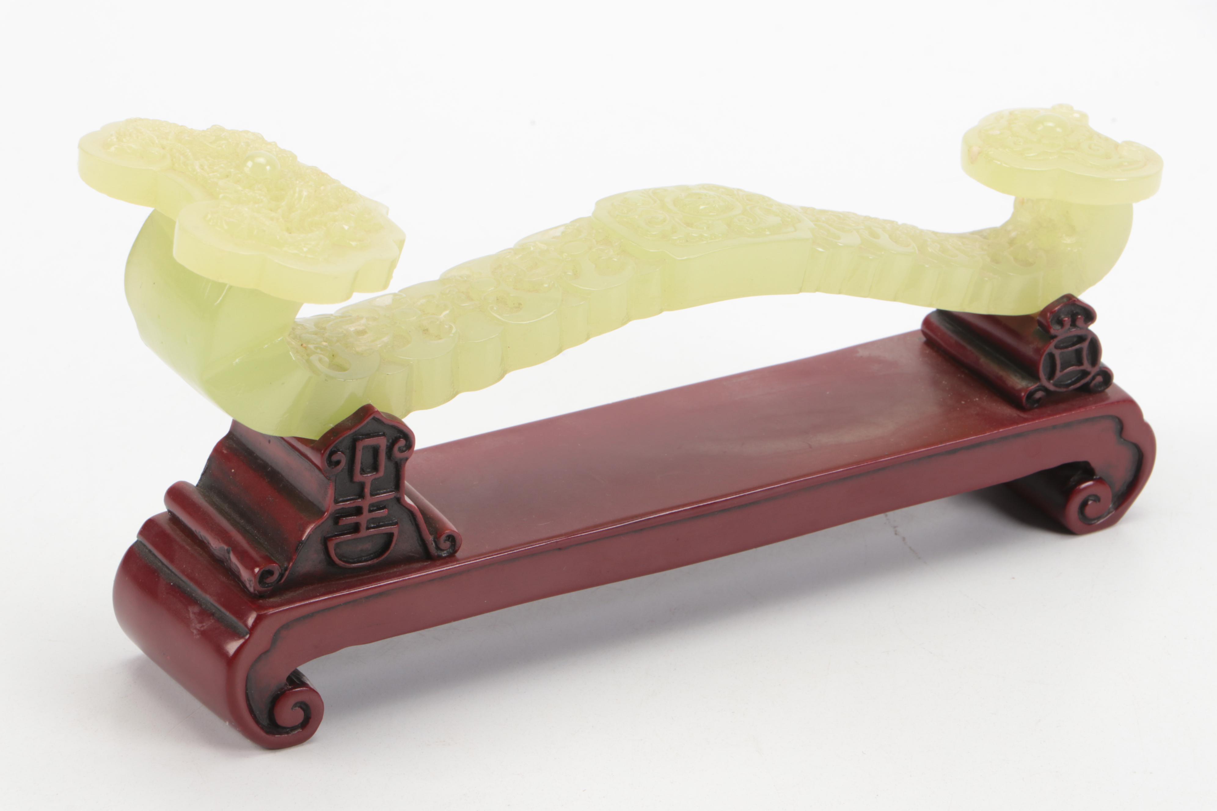 Chinese Glass Ruyi Scepter on Wood Base