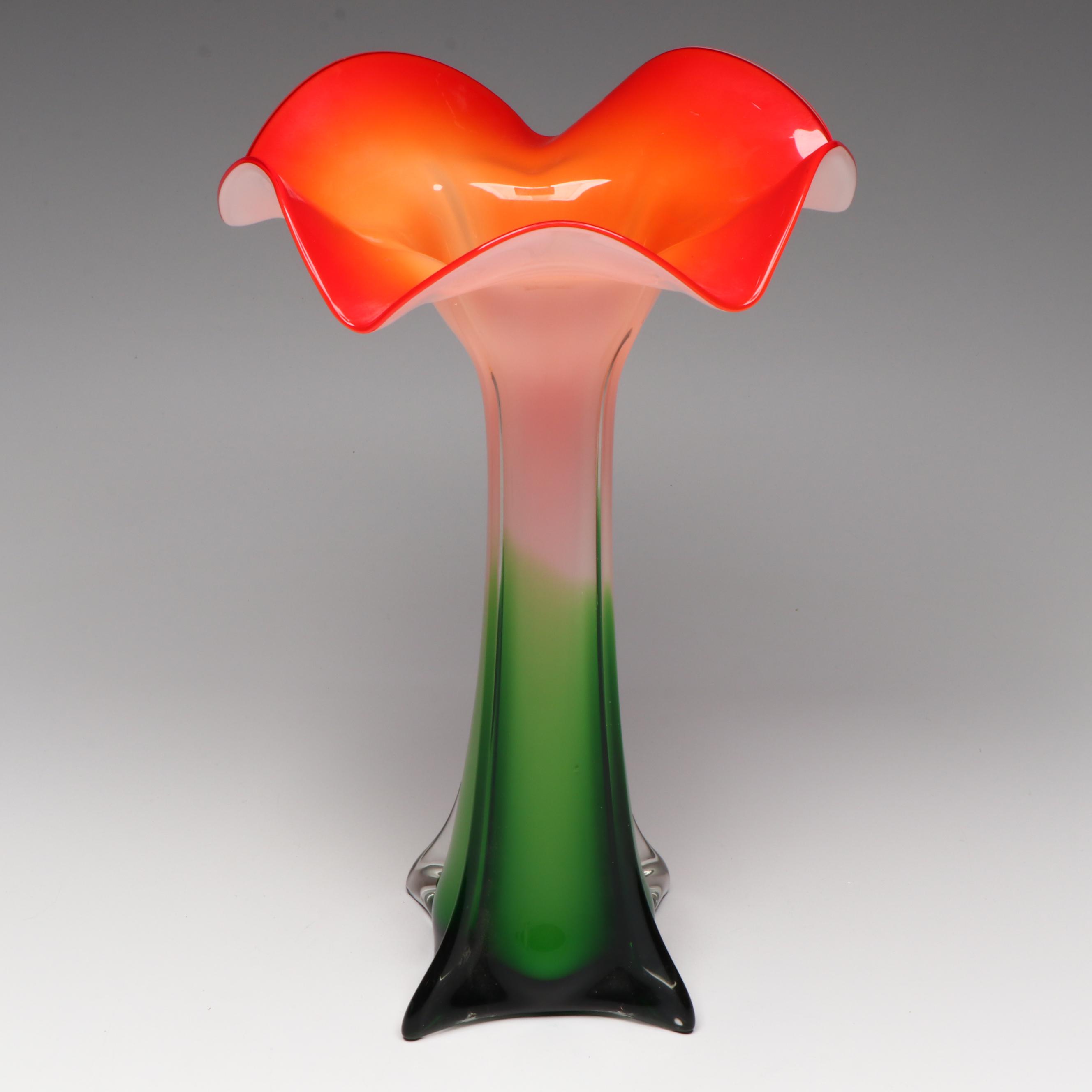 Murano Style Studio Glass Cased Trumpet Vase