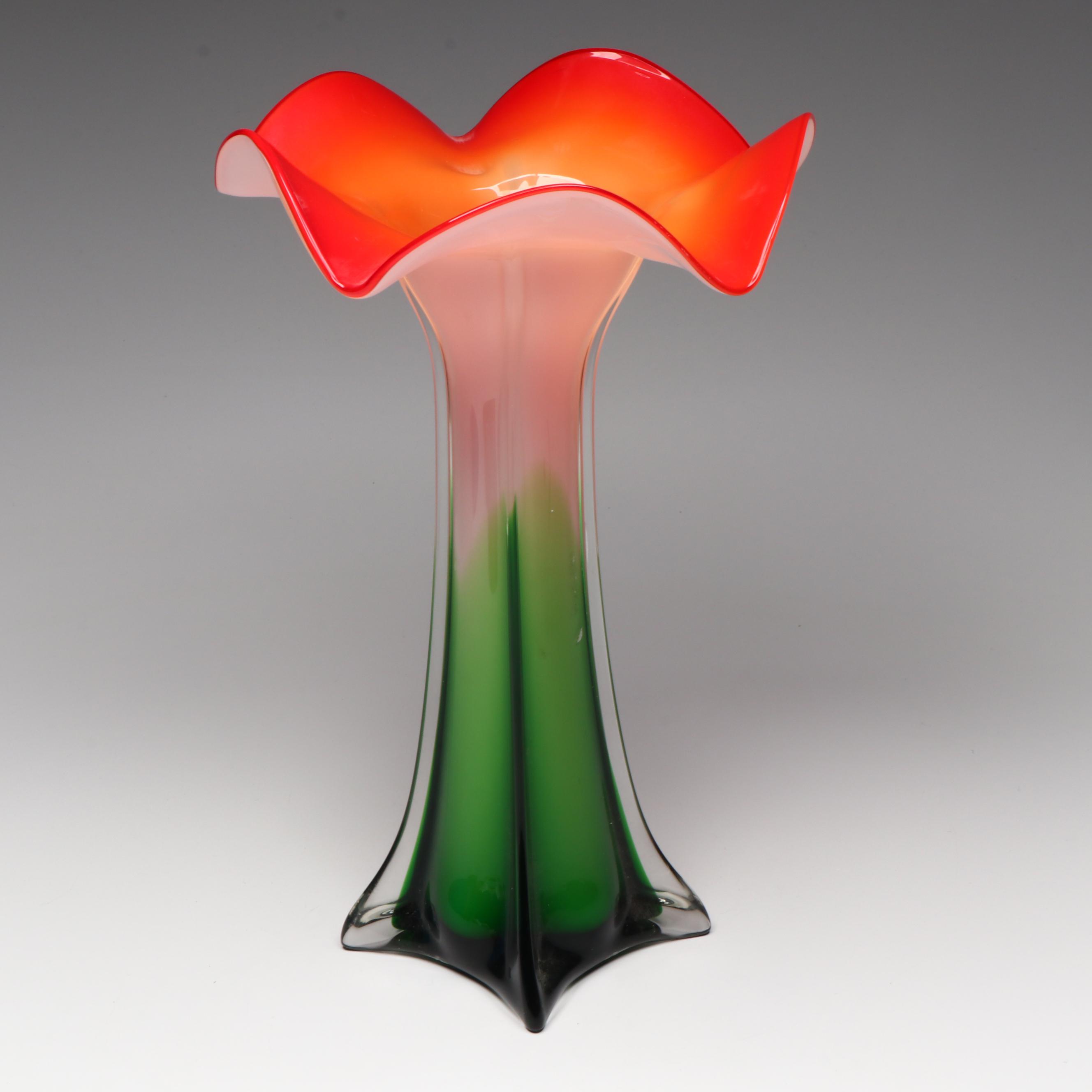 Murano Style Studio Glass Cased Trumpet Vase