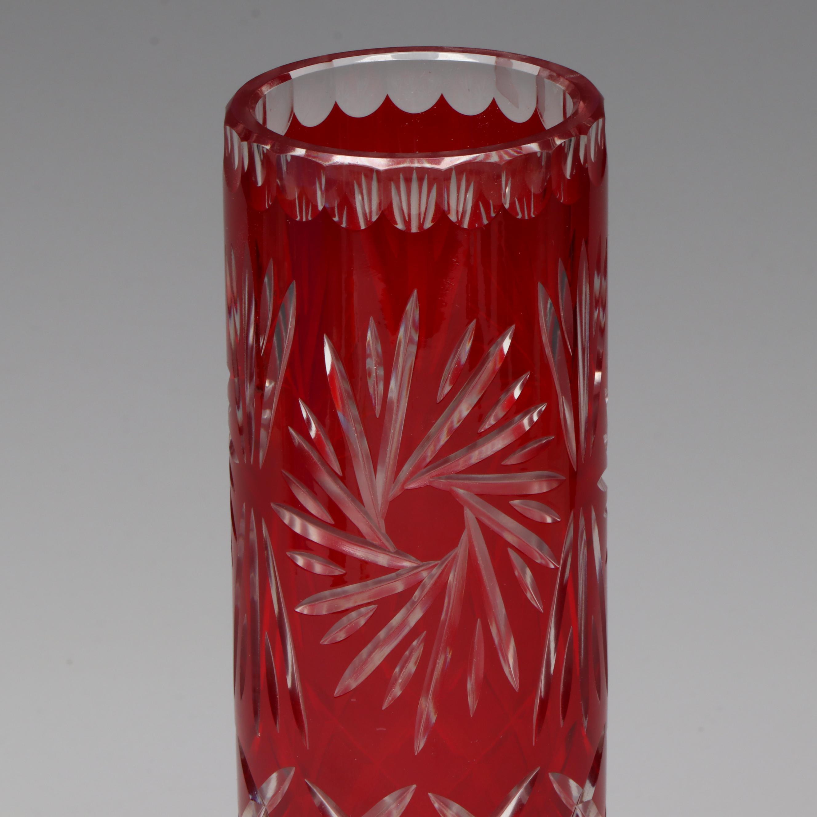 Bohemian Style Ruby Cut to Clear Cylindrical Vase