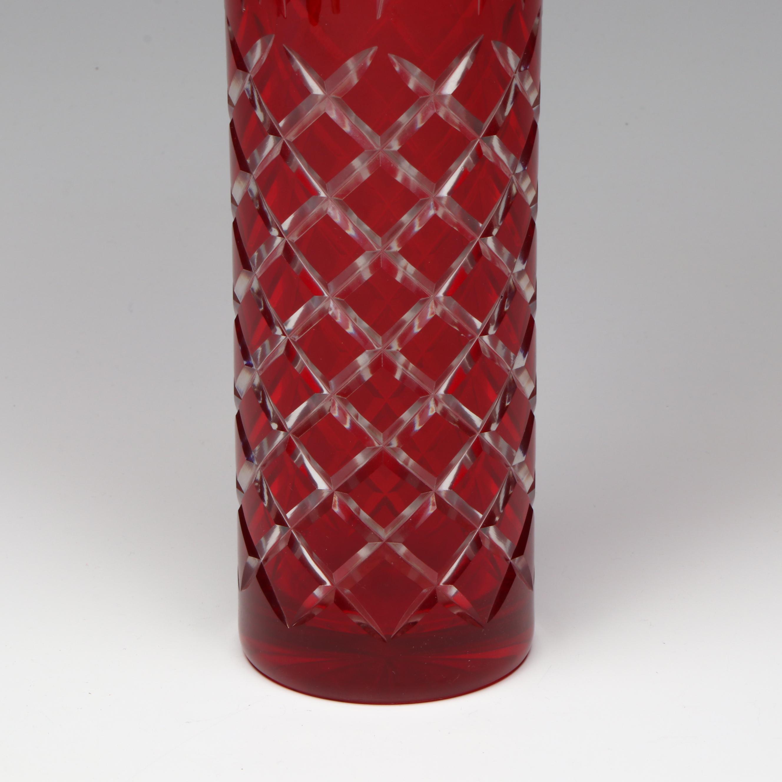 Bohemian Style Ruby Cut to Clear Cylindrical Vase