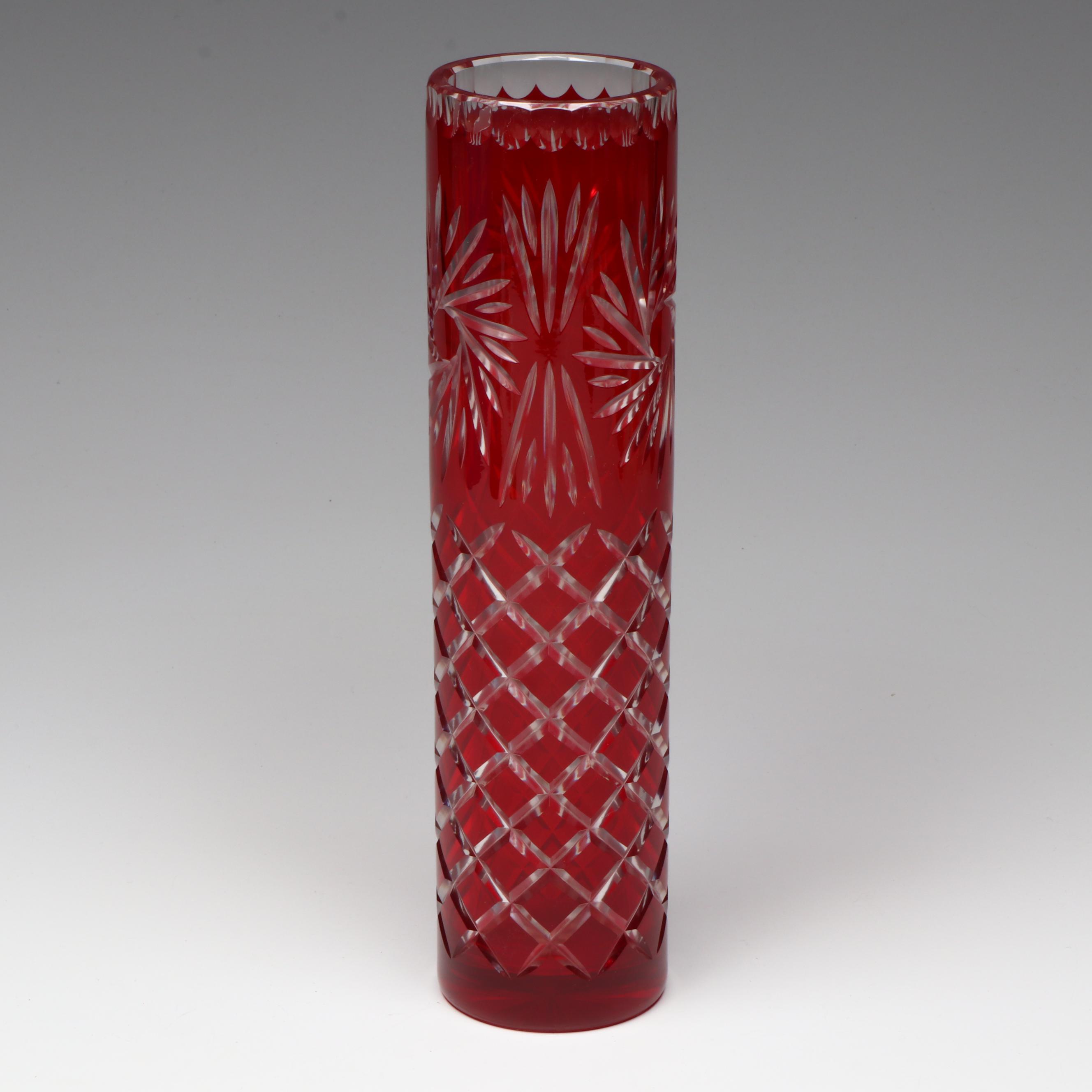 Bohemian Style Ruby Cut to Clear Cylindrical Vase