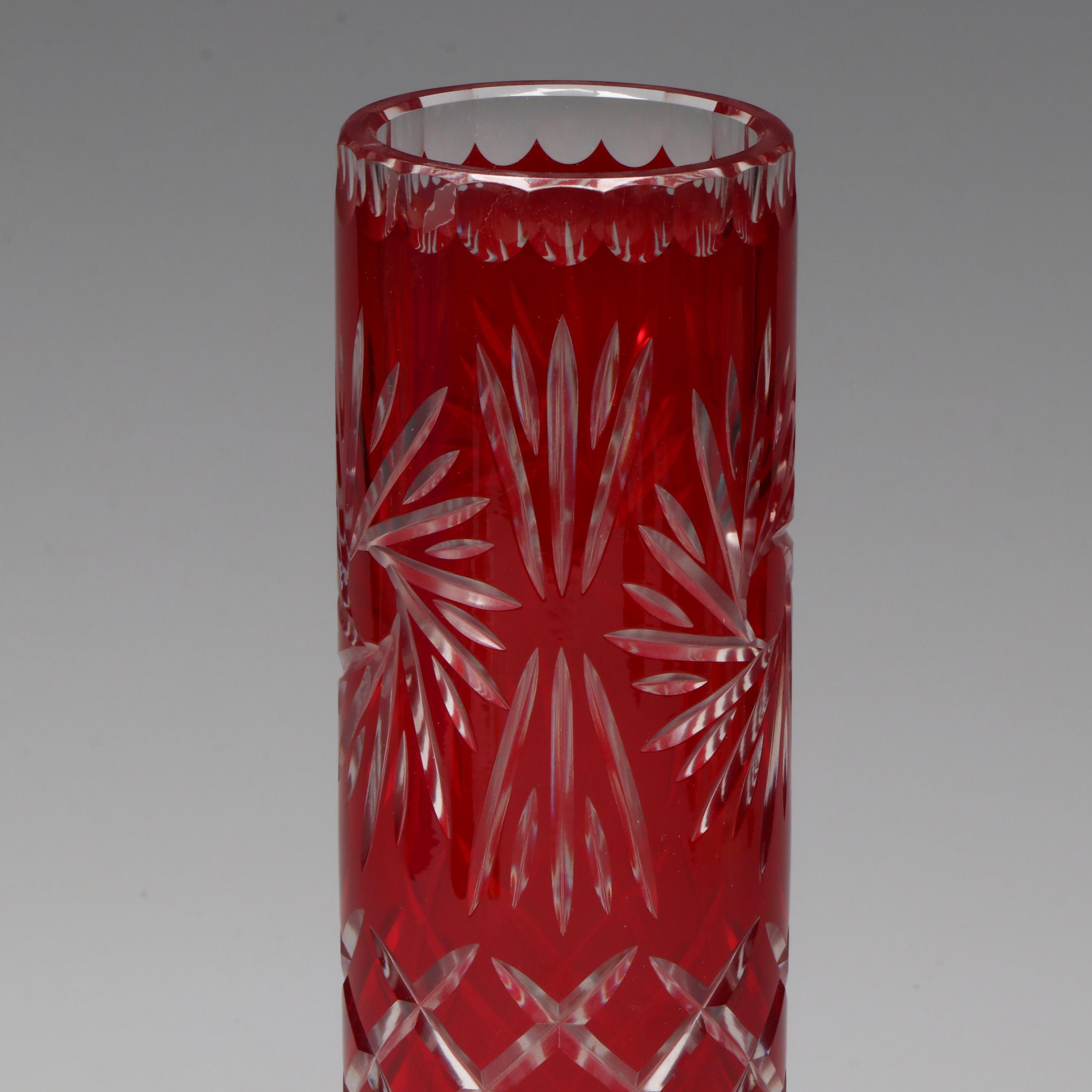 Bohemian Style Ruby Cut to Clear Cylindrical Vase