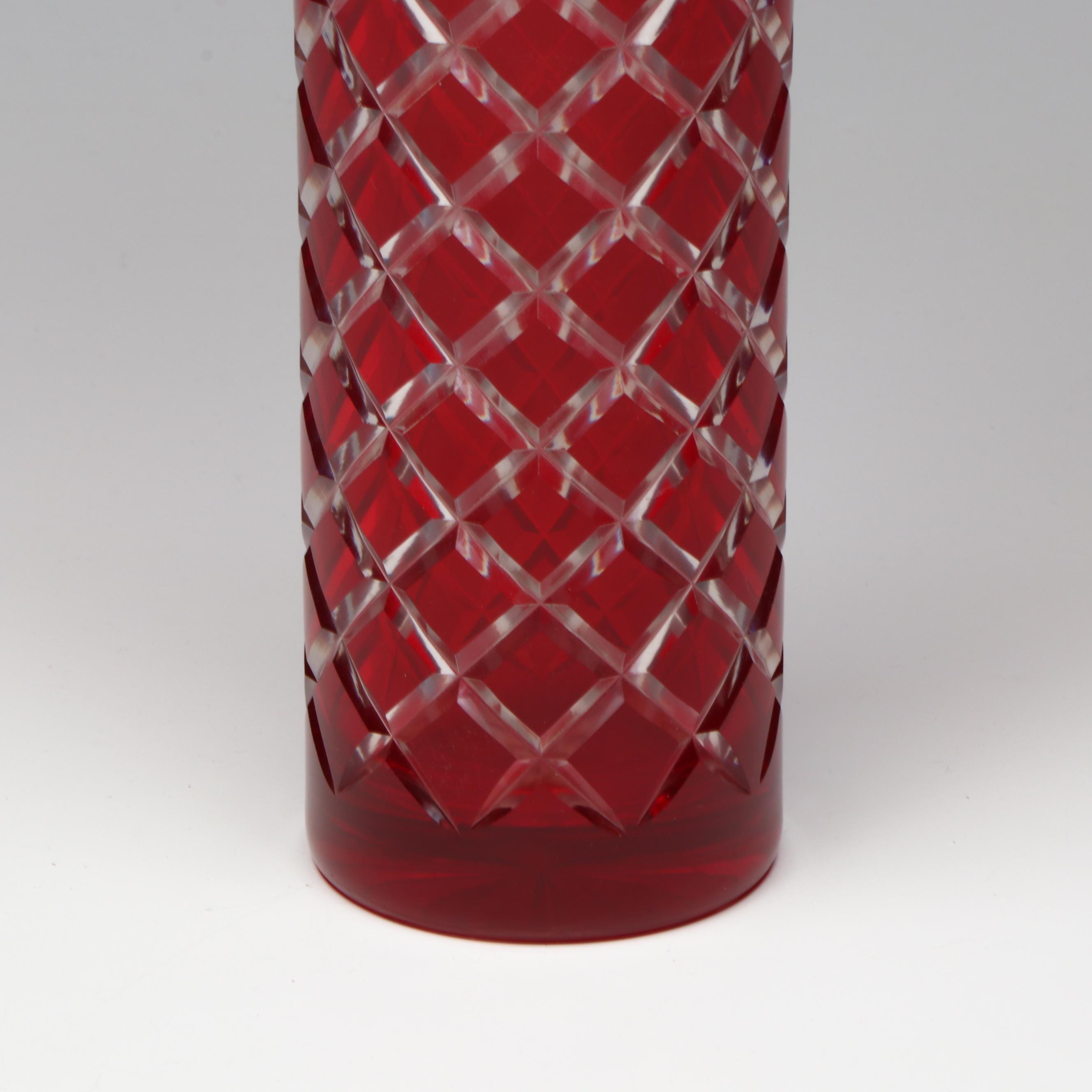 Bohemian Style Ruby Cut to Clear Cylindrical Vase