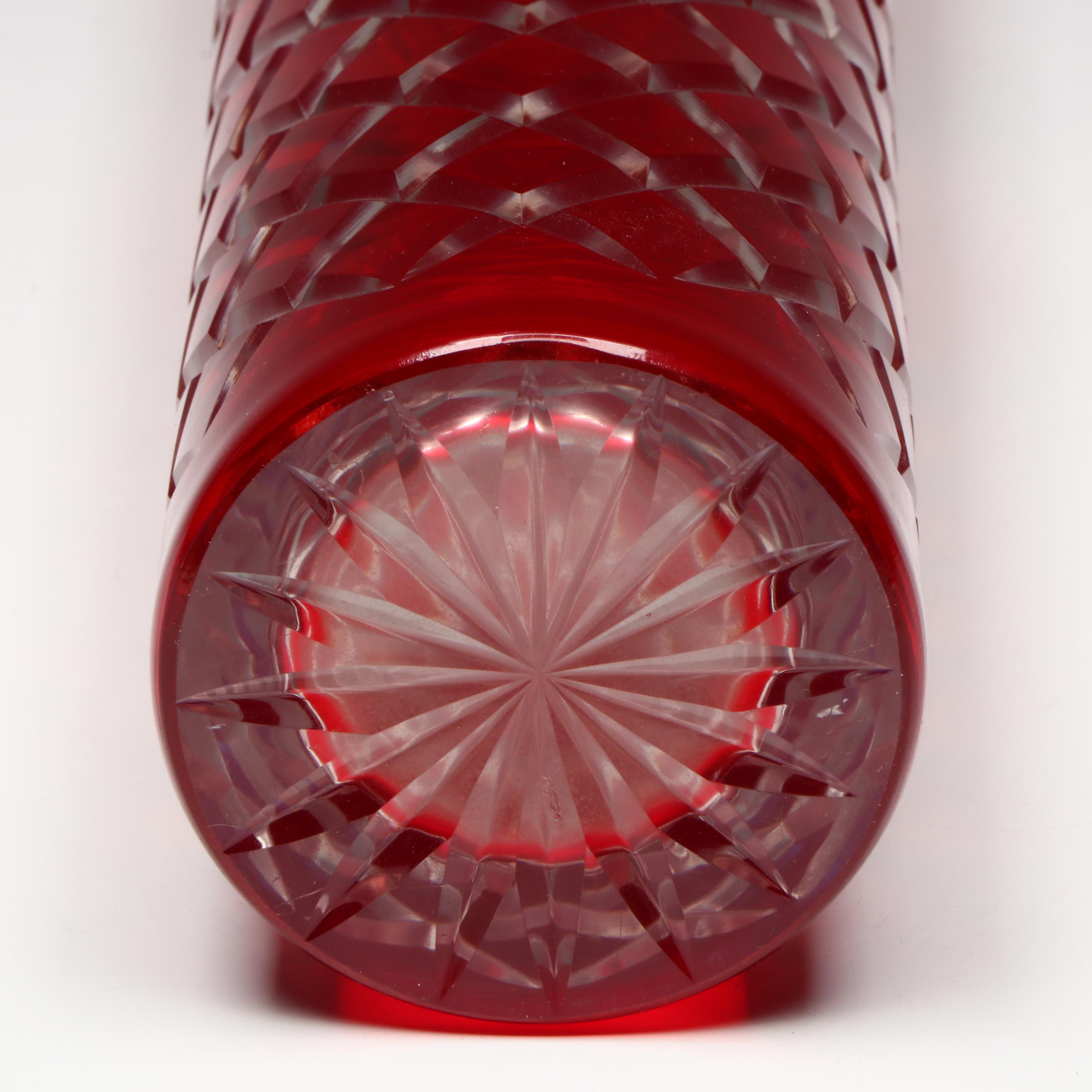 Bohemian Style Ruby Cut to Clear Cylindrical Vase