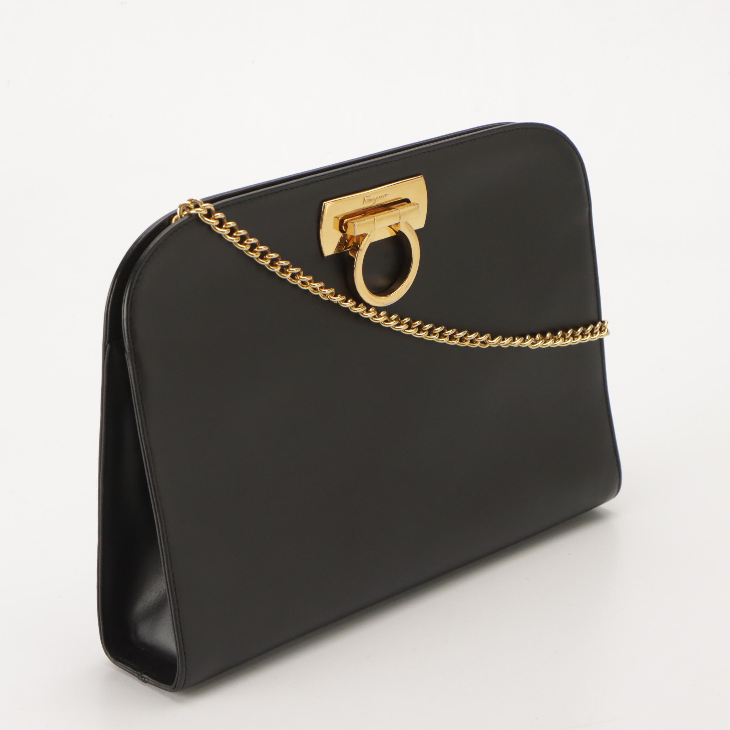 Salvatore Ferragamo Gancini Closure Chain Link Crossbody Bag in Black Leather