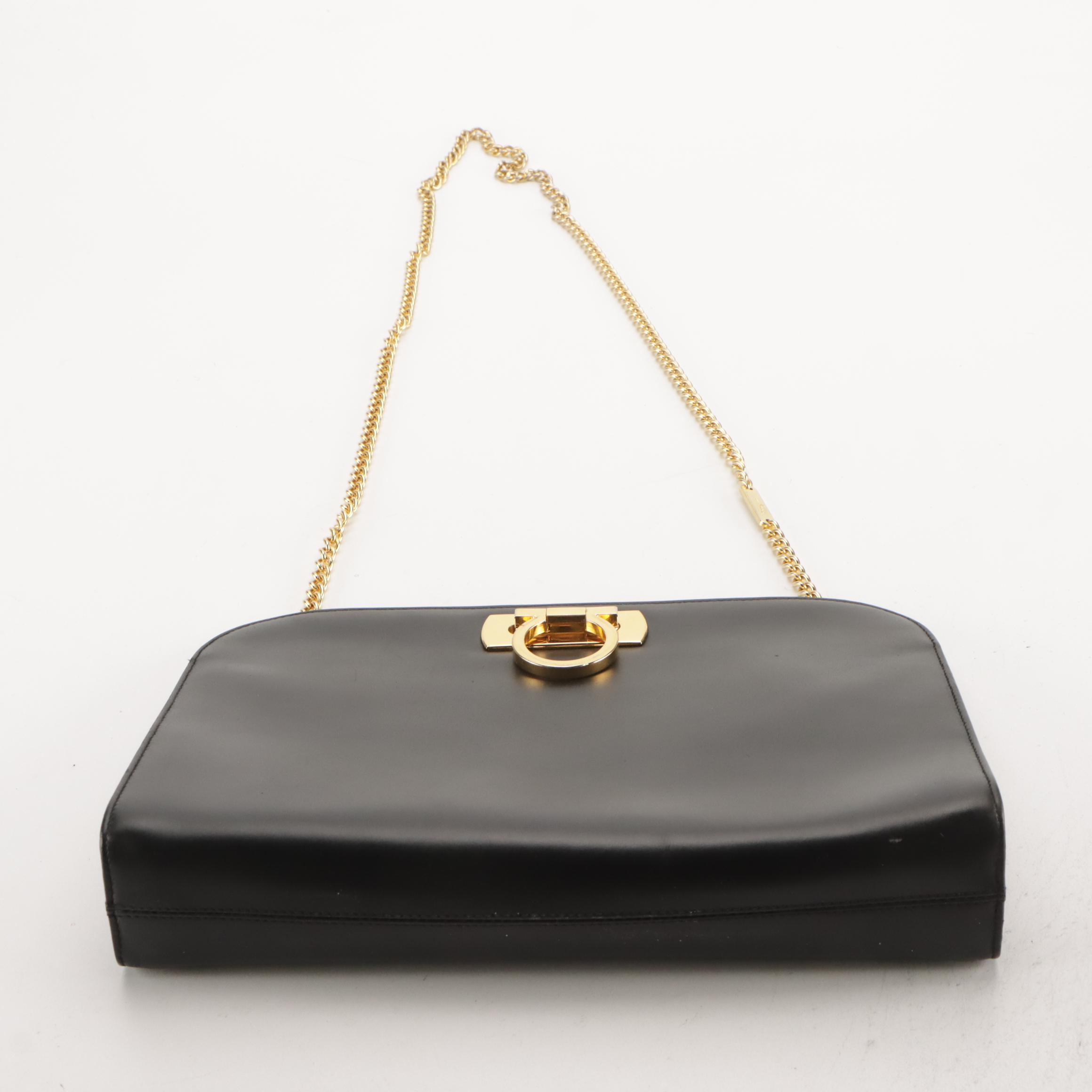 Salvatore Ferragamo Gancini Closure Chain Link Crossbody Bag in Black Leather