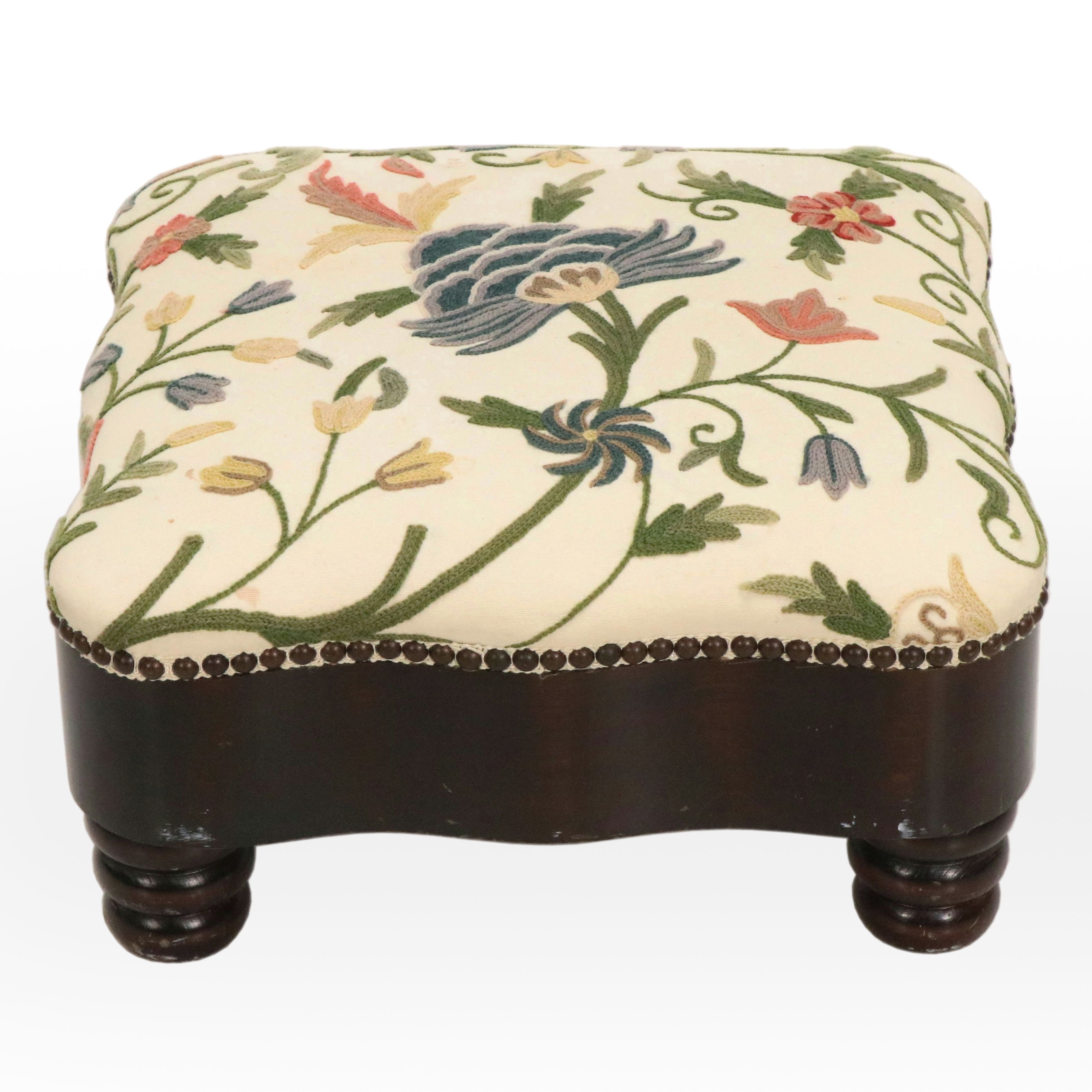 Baker Furniture Crewel Embroidered Wood Footstool, Late 20th Century
