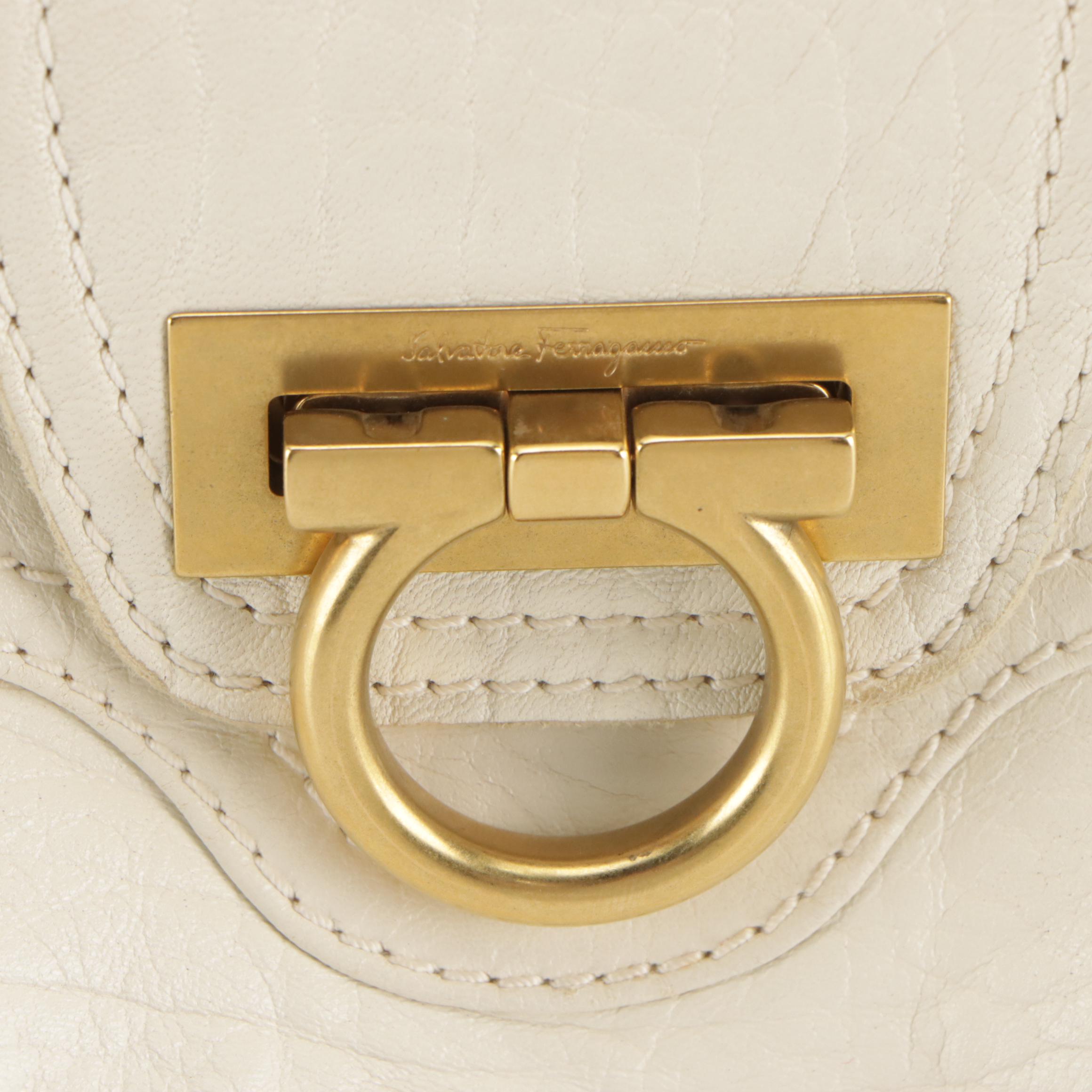 Salvatore Ferragamo Marisa Gancini Shoulder Bag in Ivory Textured Calfskin