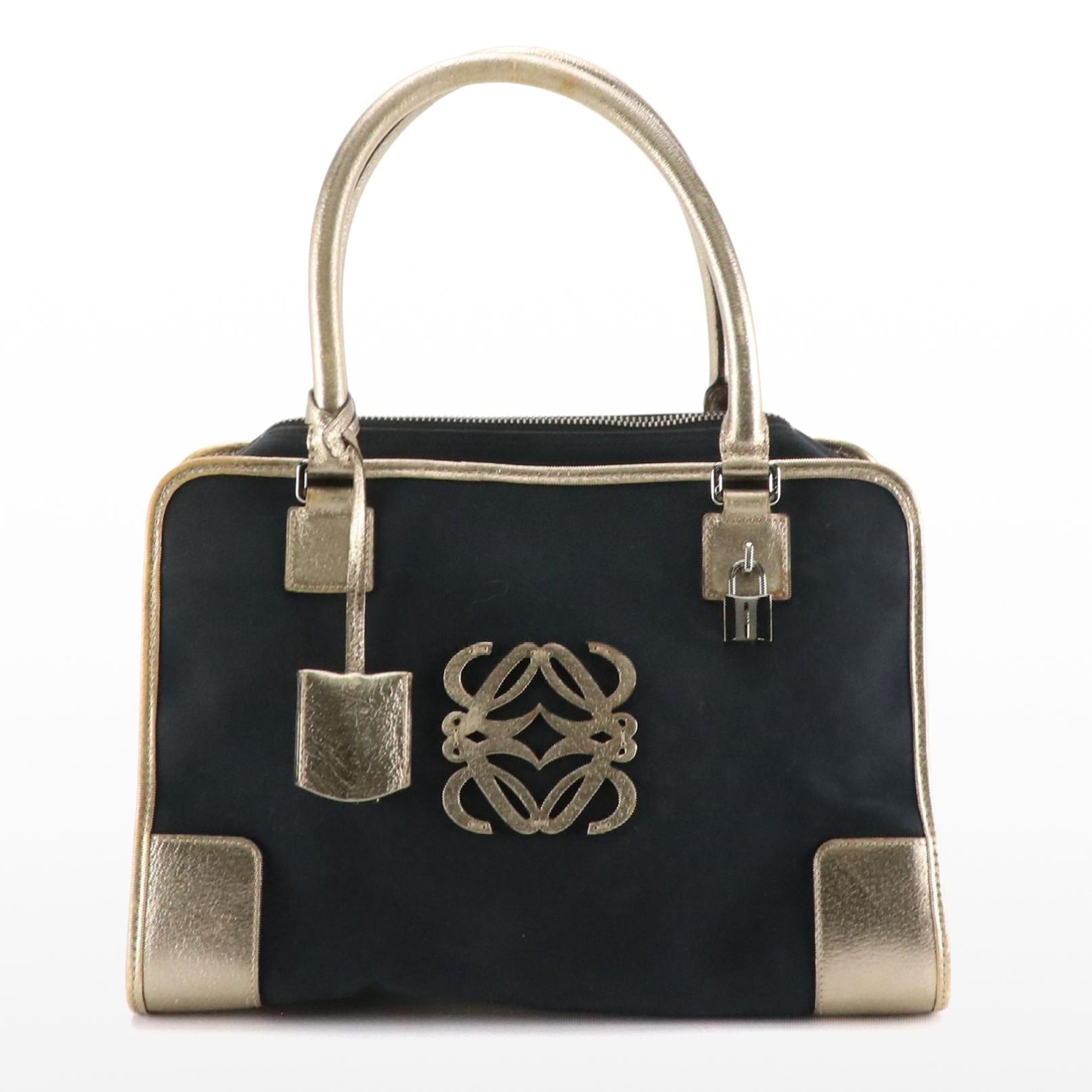 Loewe Amazona Boston Bag in Black Canvas and Metallic Leather Trim