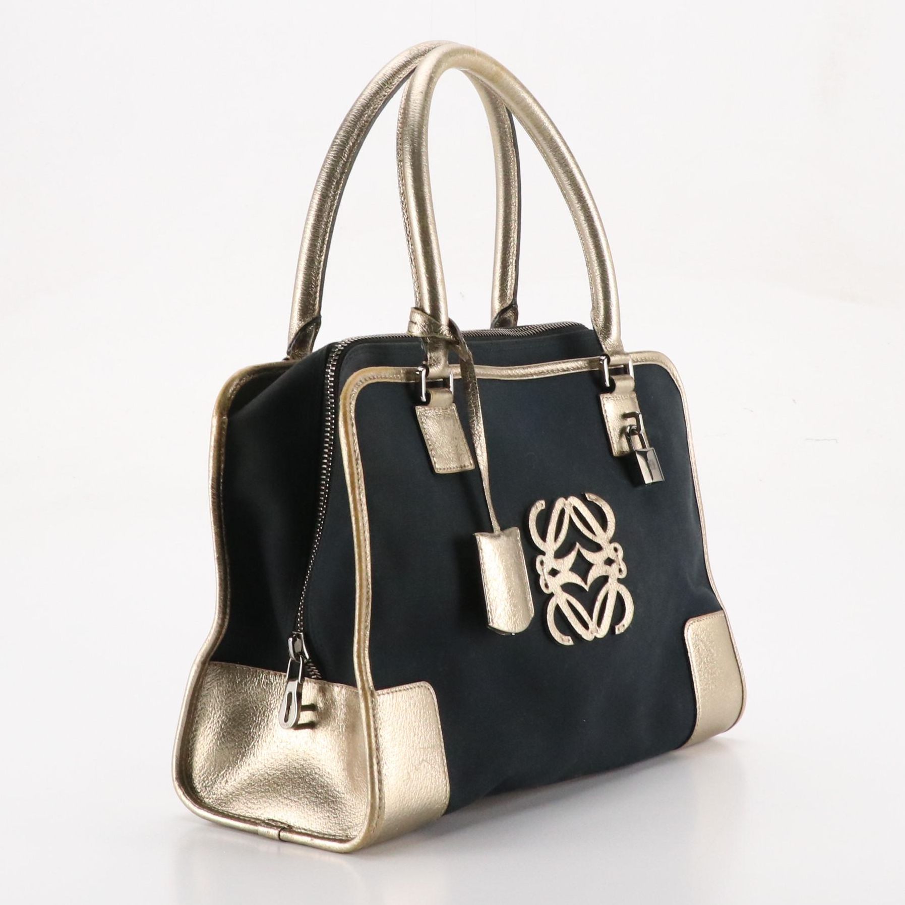 Loewe Amazona Boston Bag in Black Canvas and Metallic Leather Trim