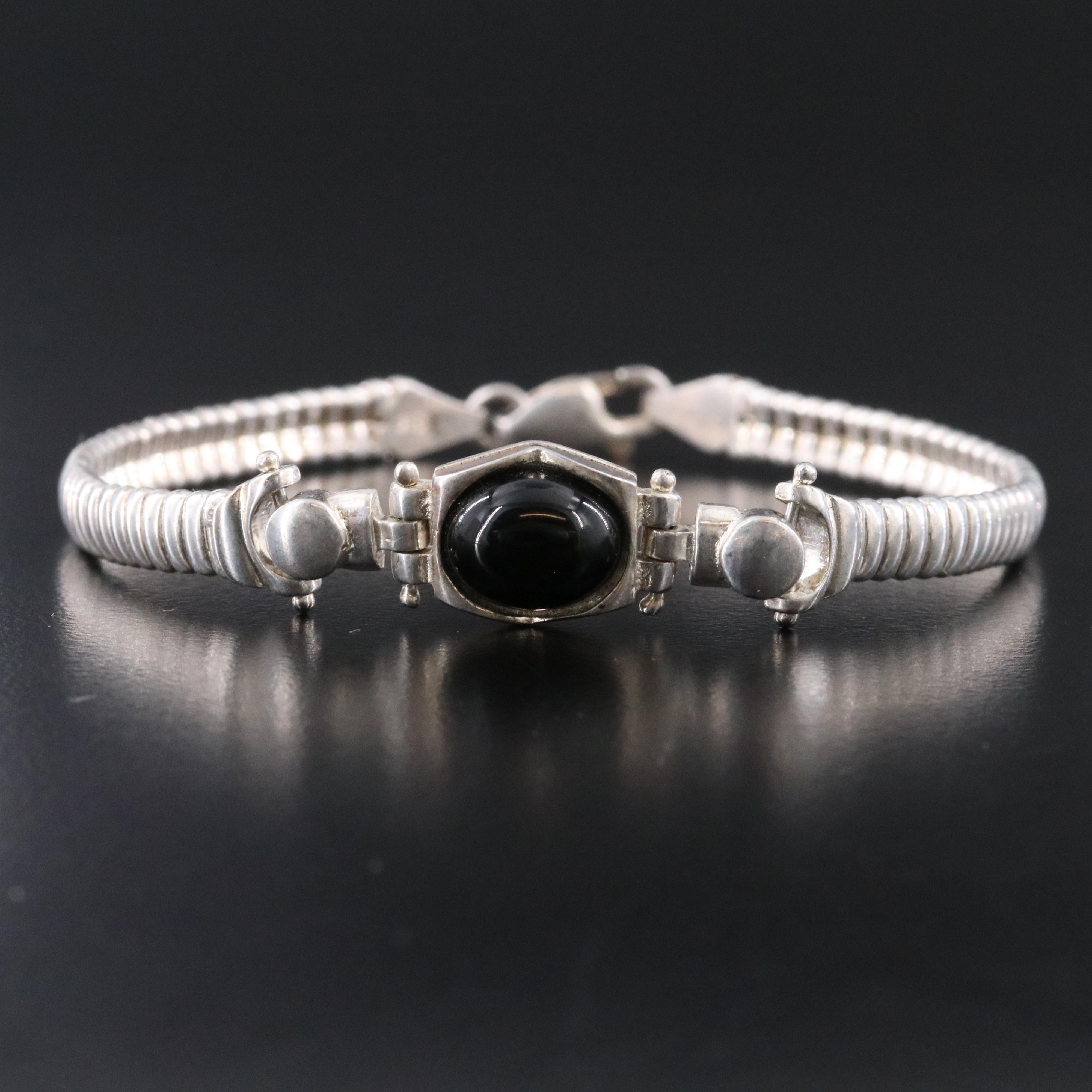Italian Milor Sterling Black Onyx Station Bracelet