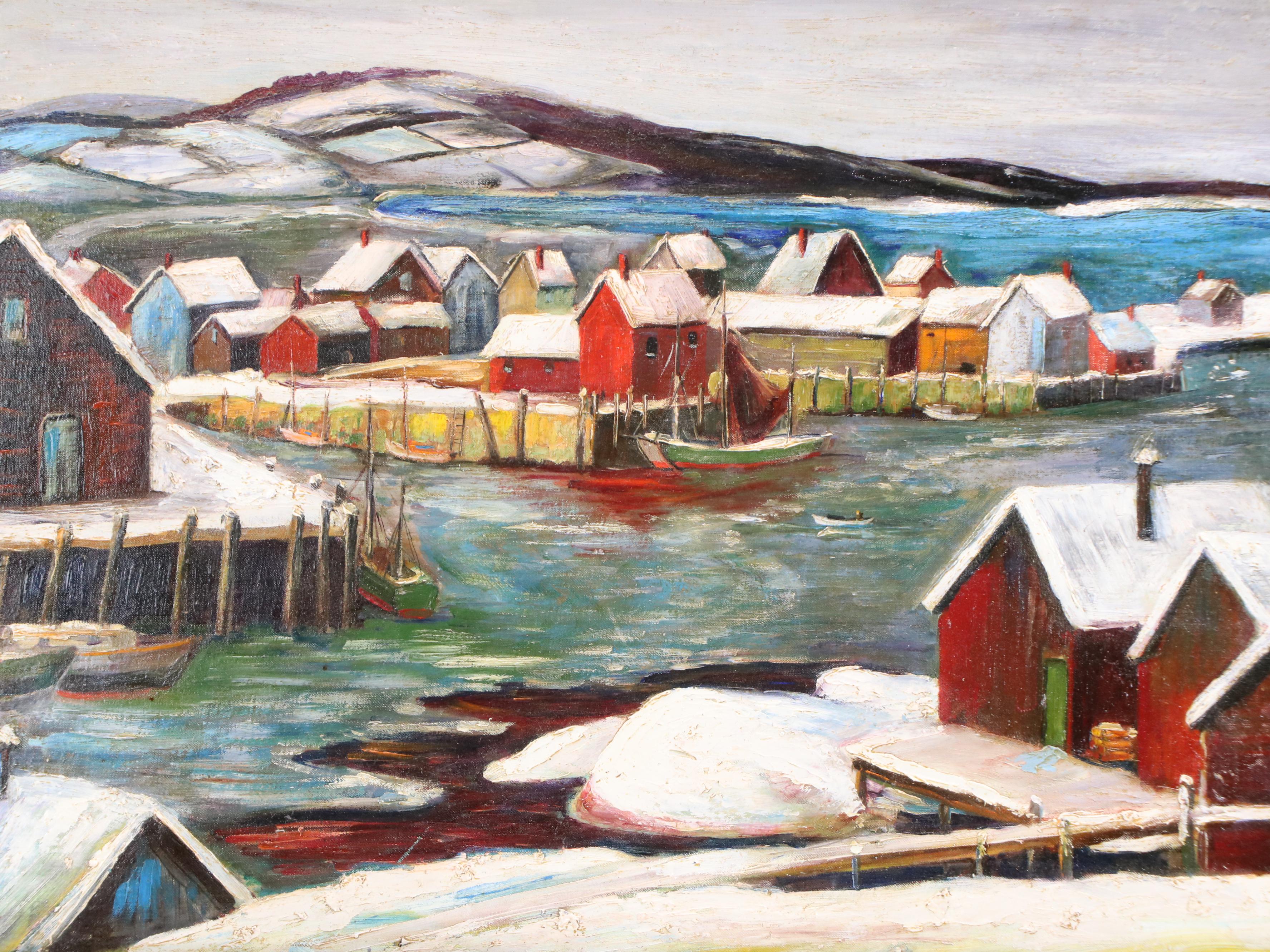 Winter Landscape Oil Painting of Norwegian Harbor, 20th C.