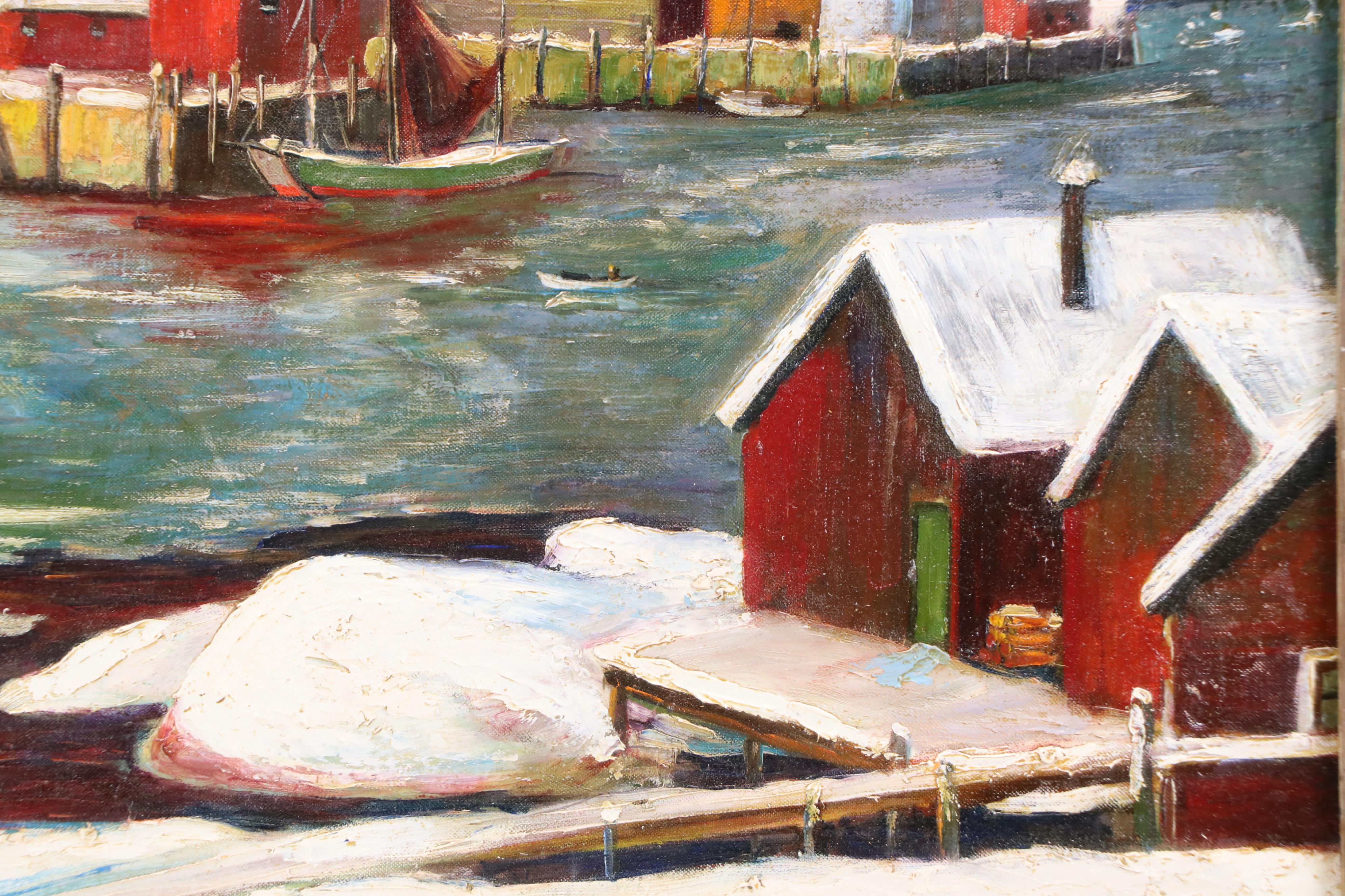 Winter Landscape Oil Painting of Norwegian Harbor, 20th C.