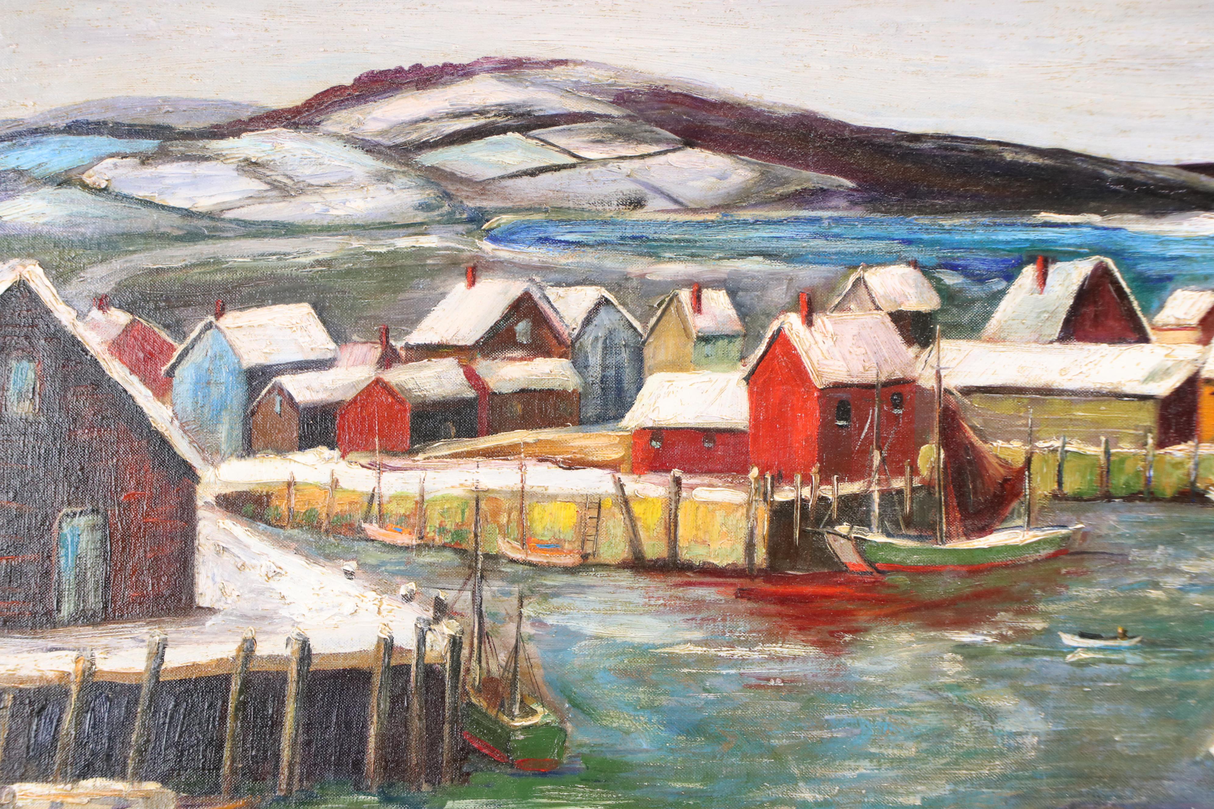 Winter Landscape Oil Painting of Norwegian Harbor, 20th C.