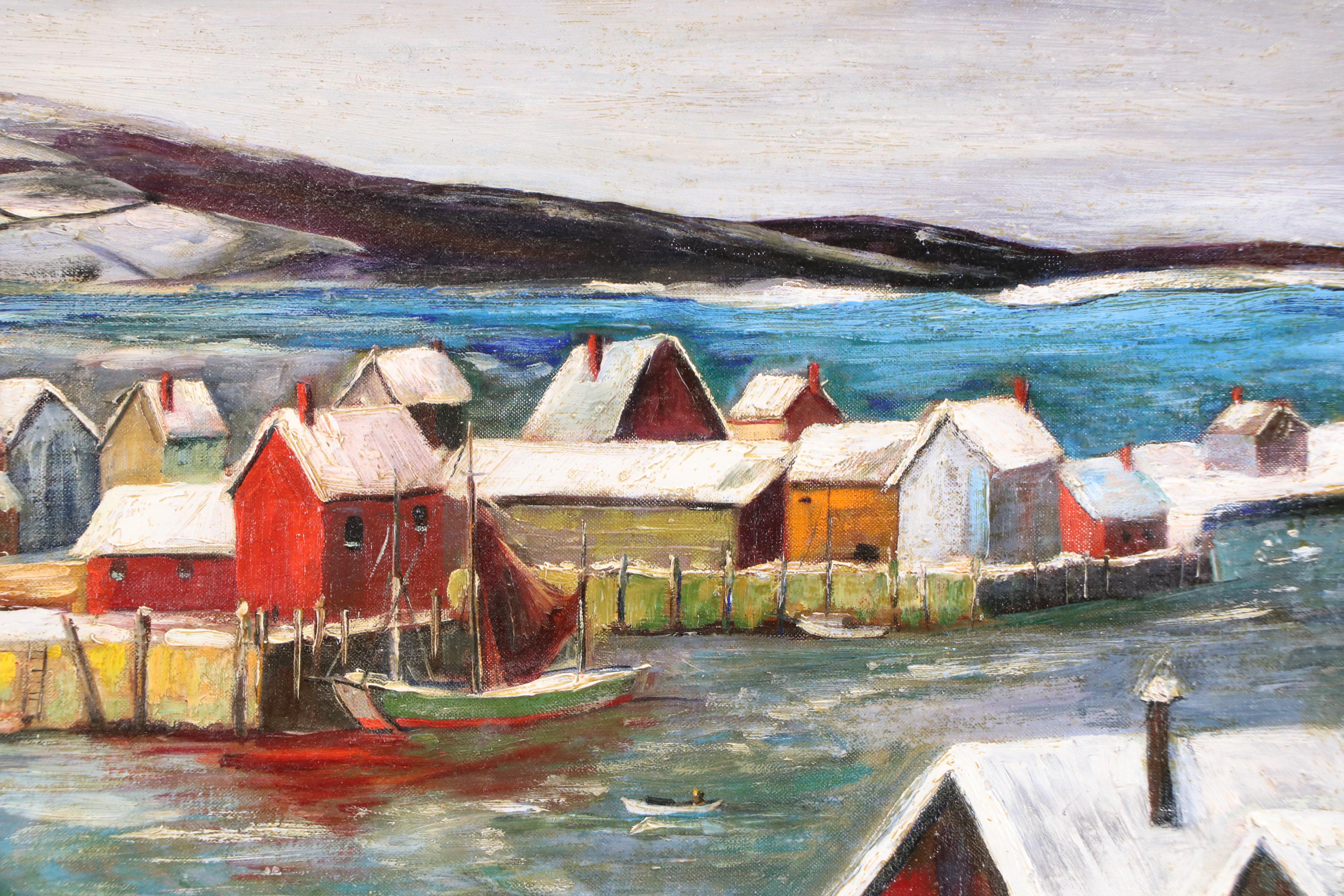 Winter Landscape Oil Painting of Norwegian Harbor, 20th C.