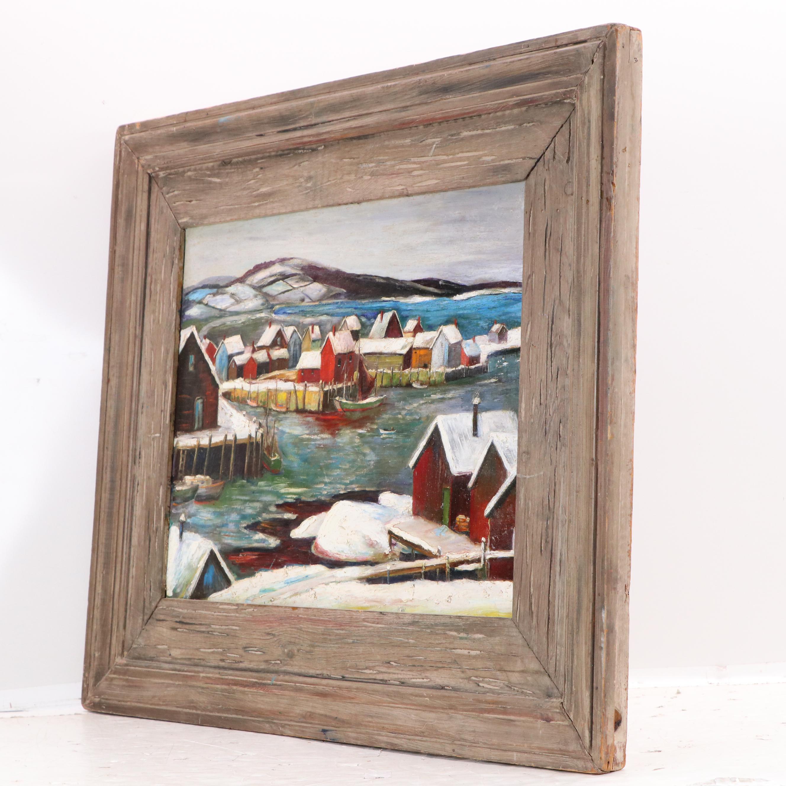Winter Landscape Oil Painting of Norwegian Harbor, 20th C.