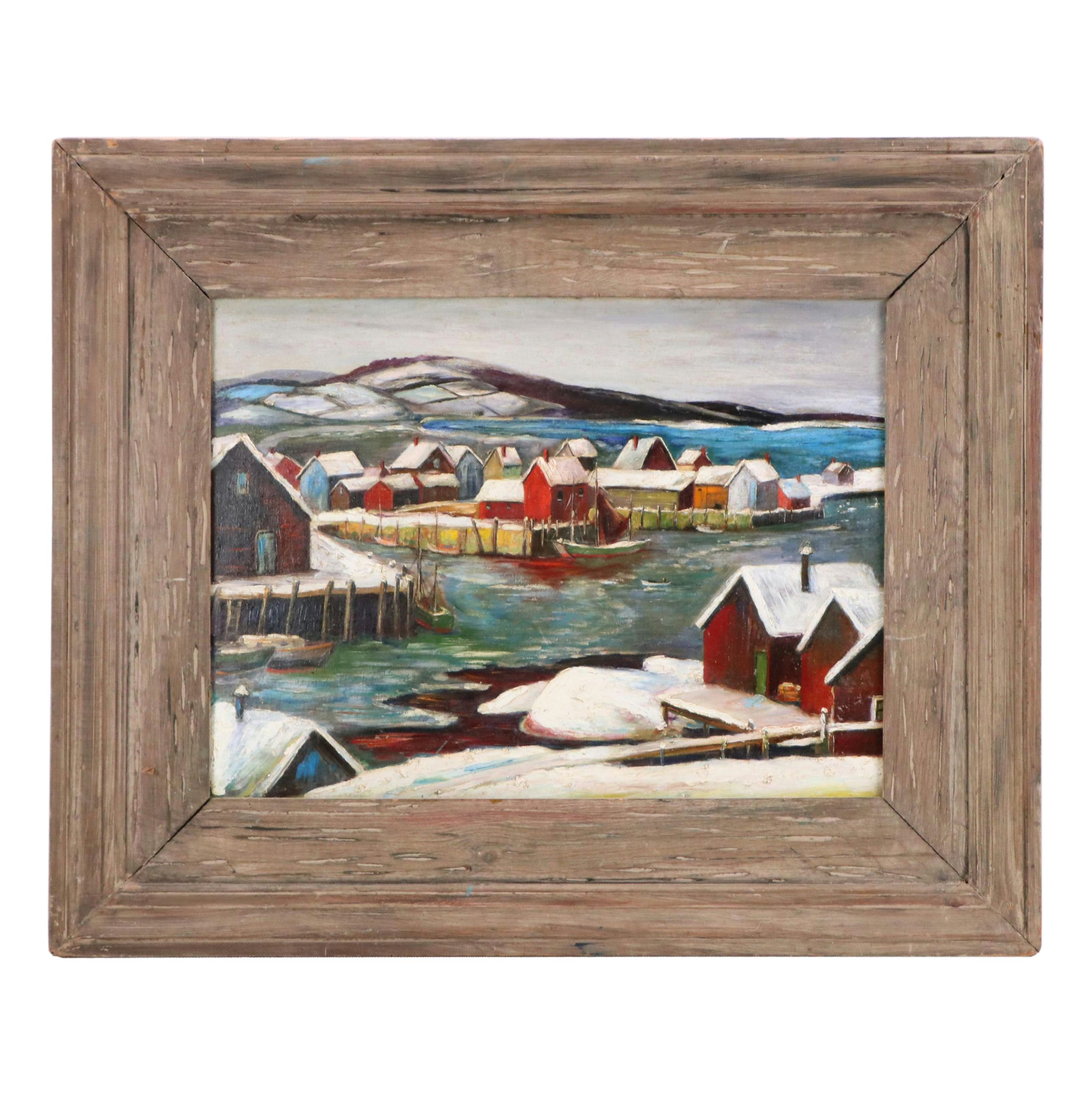 Winter Landscape Oil Painting of Norwegian Harbor, 20th C.