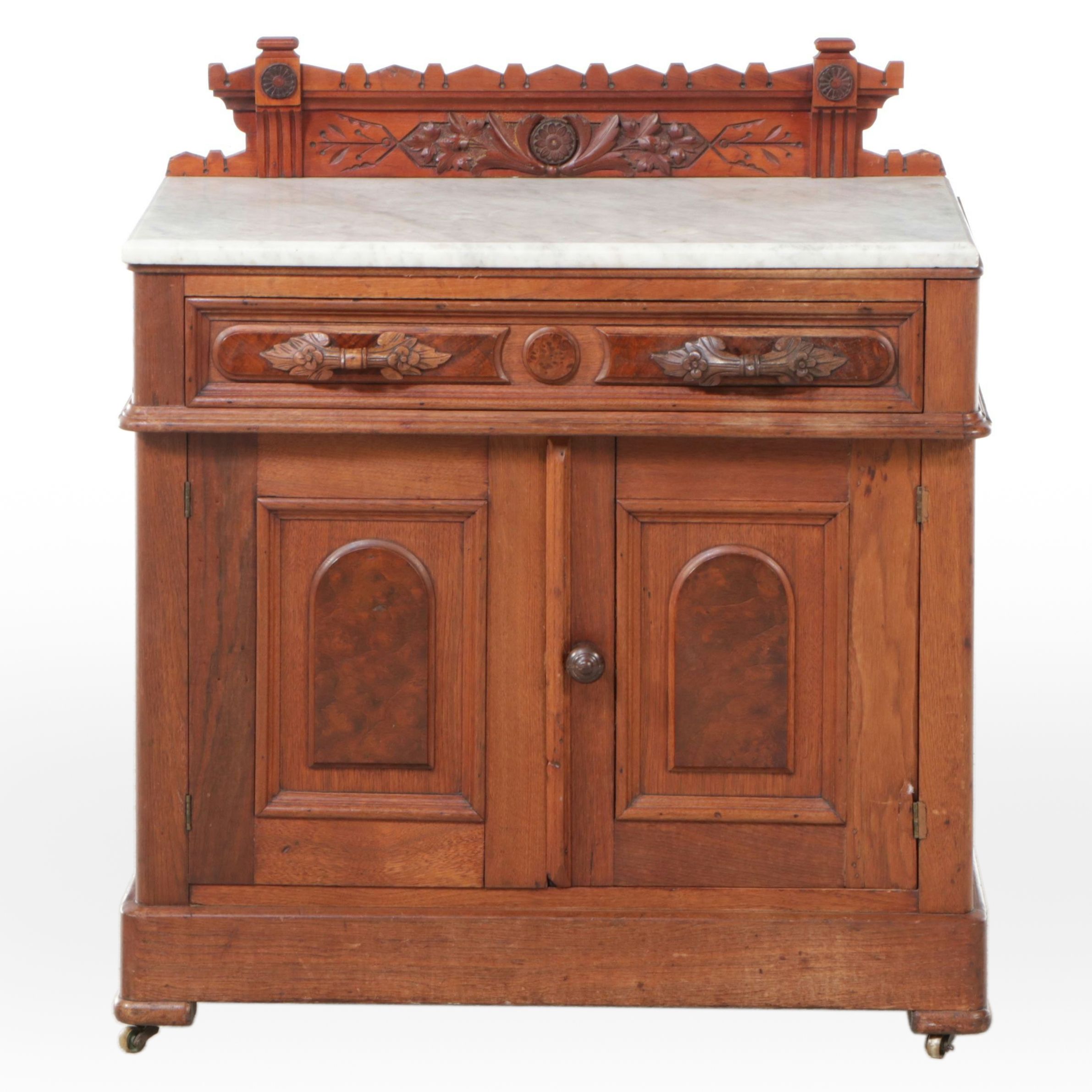 Victorian Eastlake Marble Top Burl Wood and Walnut Washstand