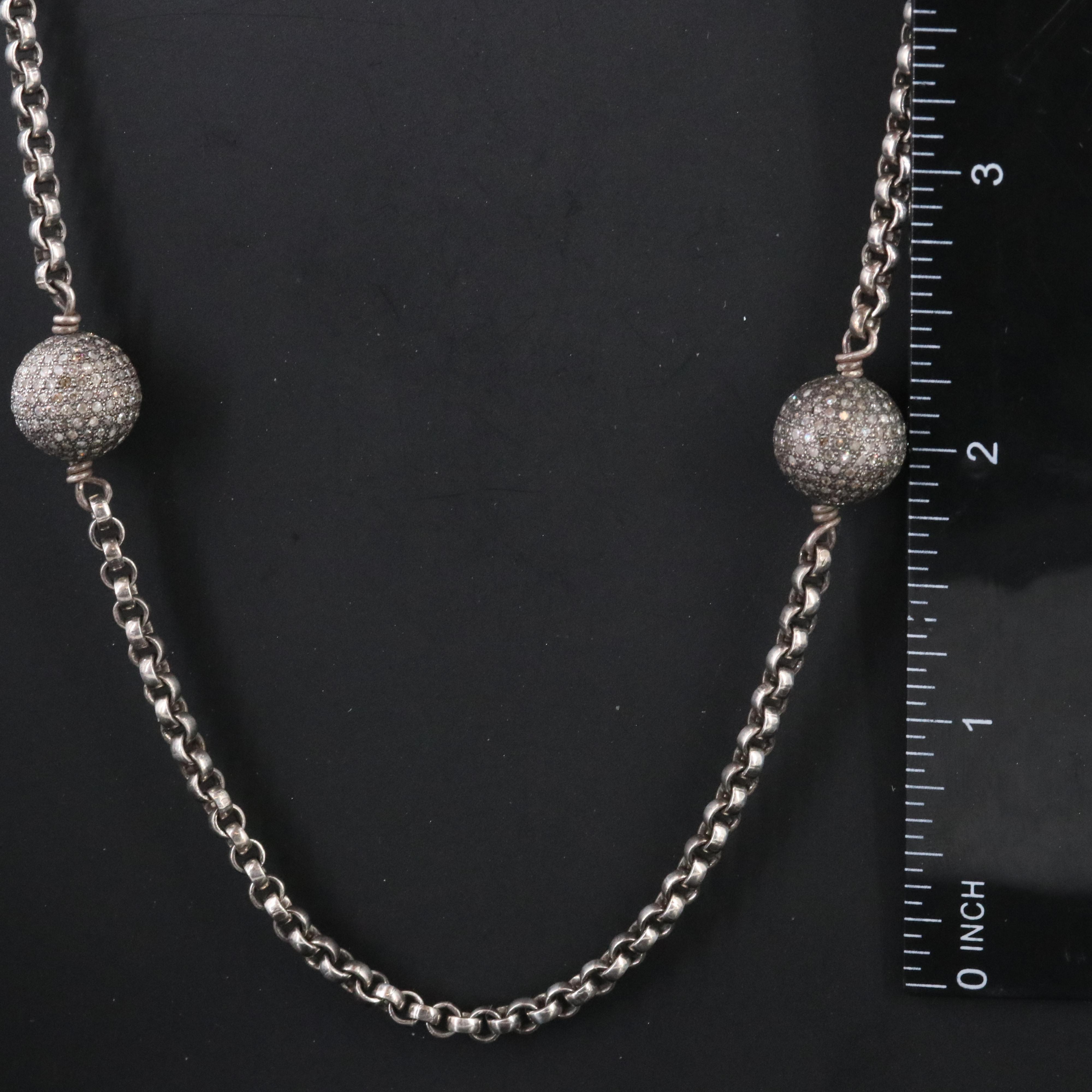 Sterling Rolo Chain Necklace with Pavé Diamond Beads Attributed to Sheryl Lowe