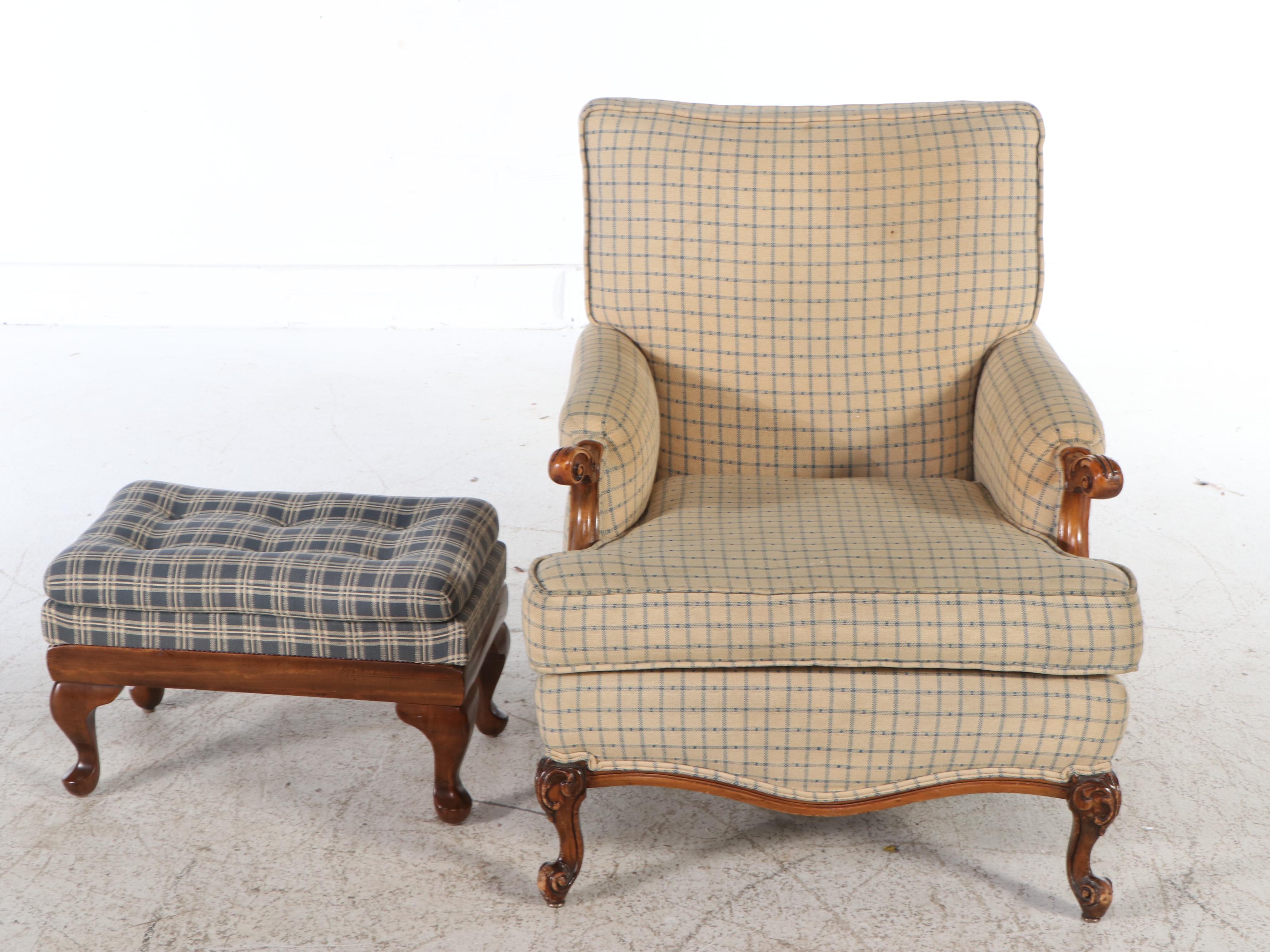 George II Style Upholstered Walnut Armchair with Plaid Ottoman