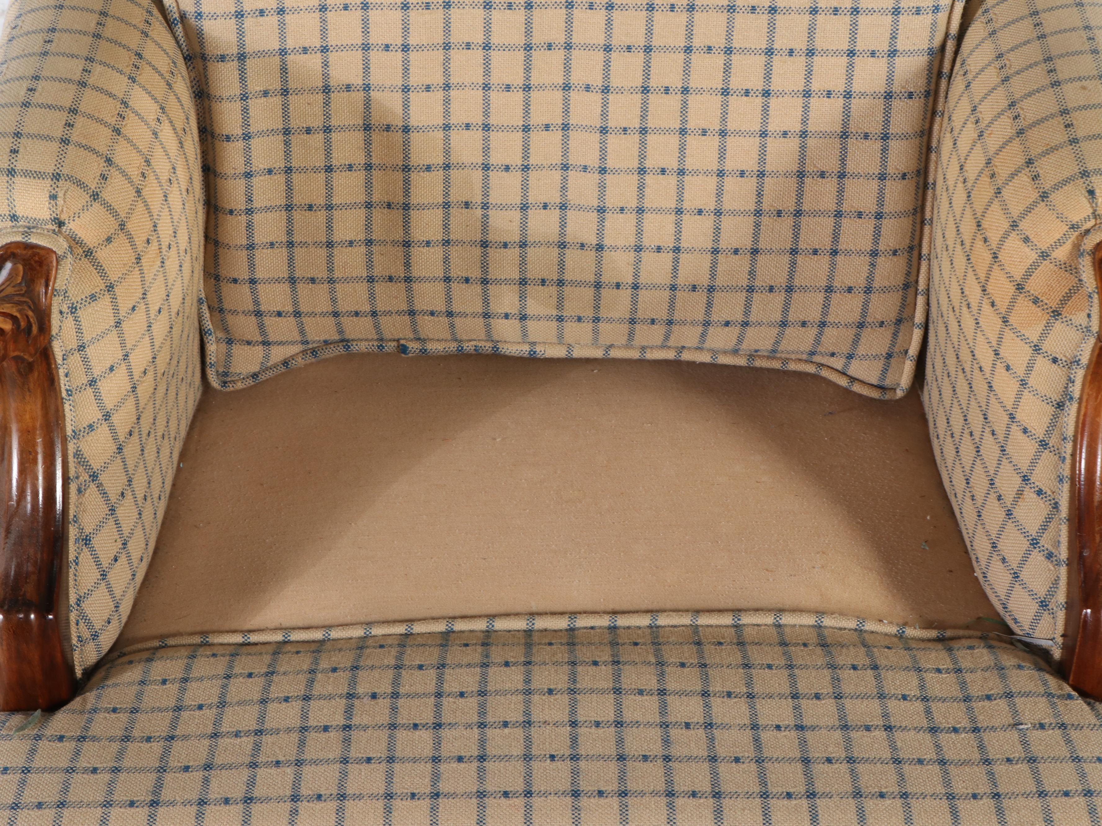 George II Style Upholstered Walnut Armchair with Plaid Ottoman