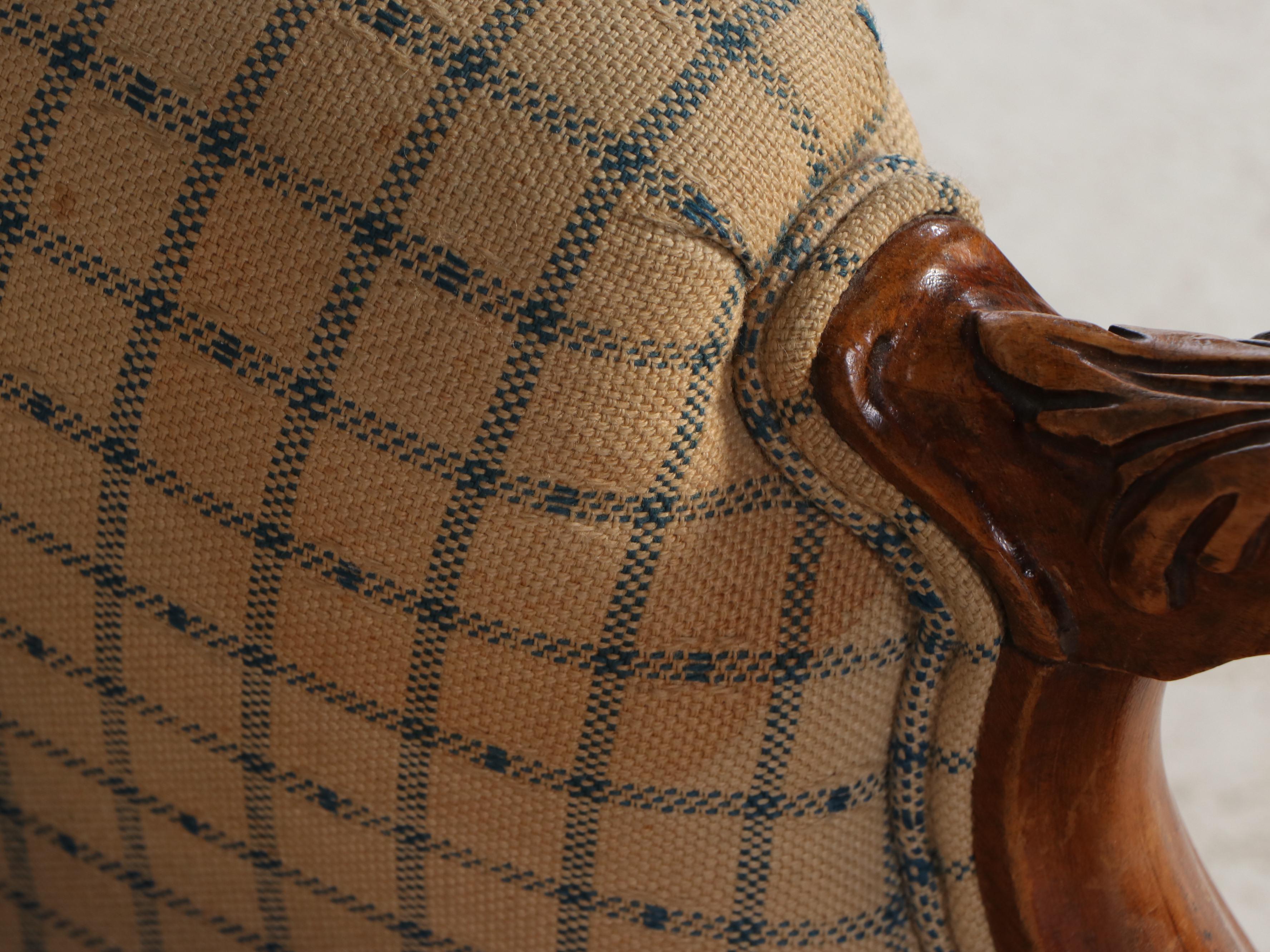 George II Style Upholstered Walnut Armchair with Plaid Ottoman