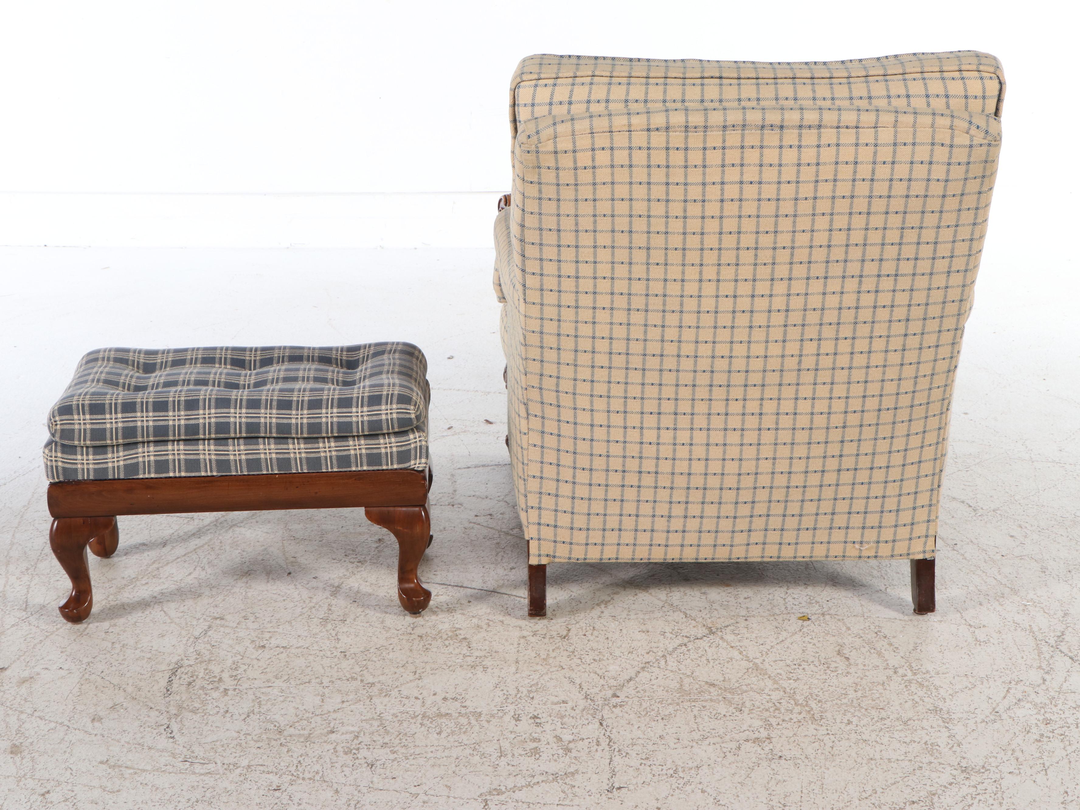 George II Style Upholstered Walnut Armchair with Plaid Ottoman