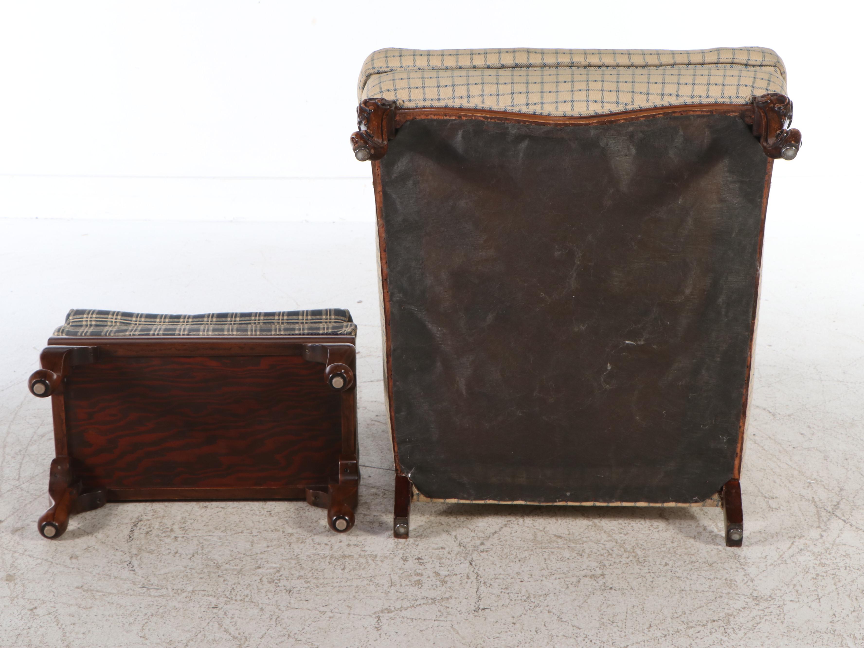 George II Style Upholstered Walnut Armchair with Plaid Ottoman