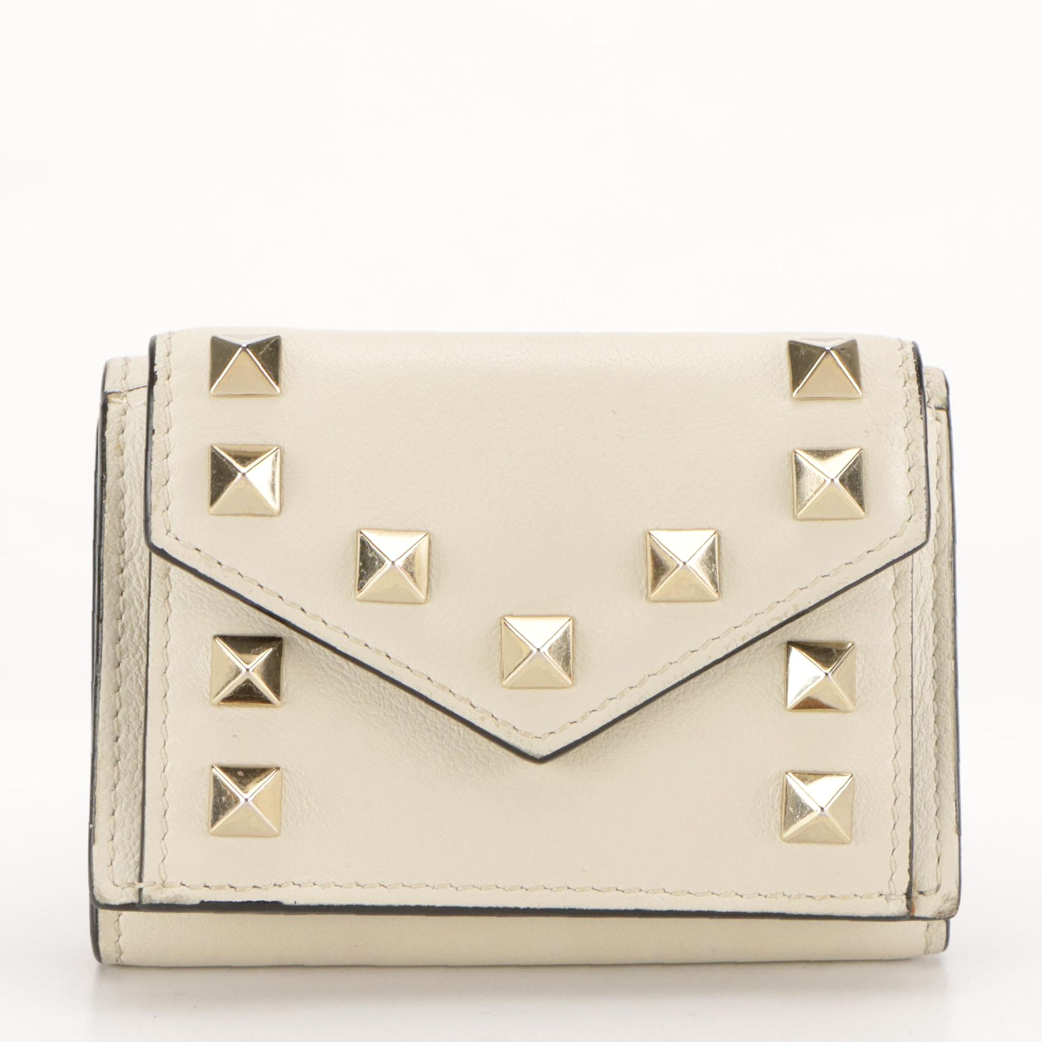 Valentino Garavani Trifold Compact Wallet in Ivory Rockstud Calfskin, With Box