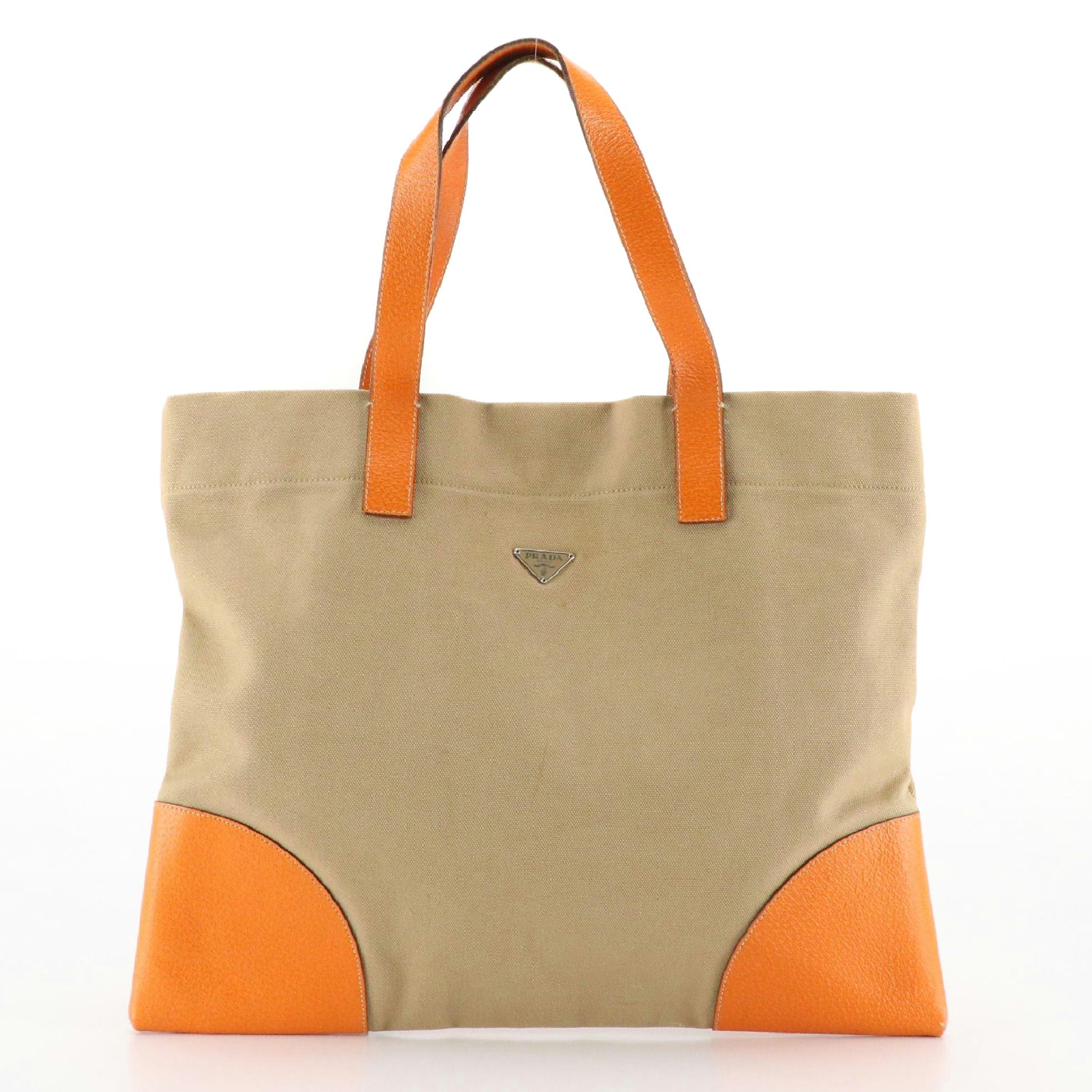 Prada Tote in Neutral Canvas and Orange Leather Trim