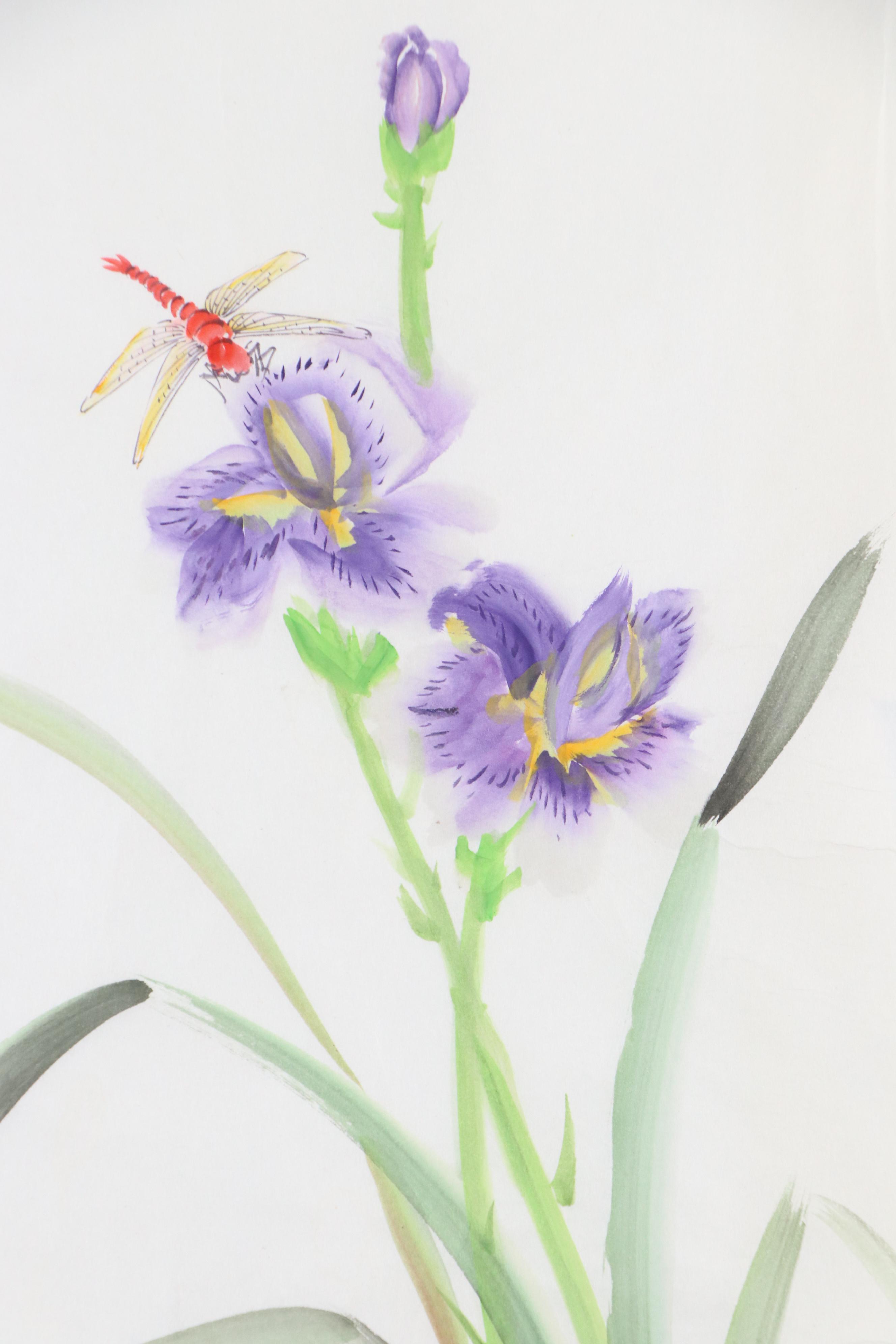 Japanese Sumi-e Painting of Irises and Dragonfly