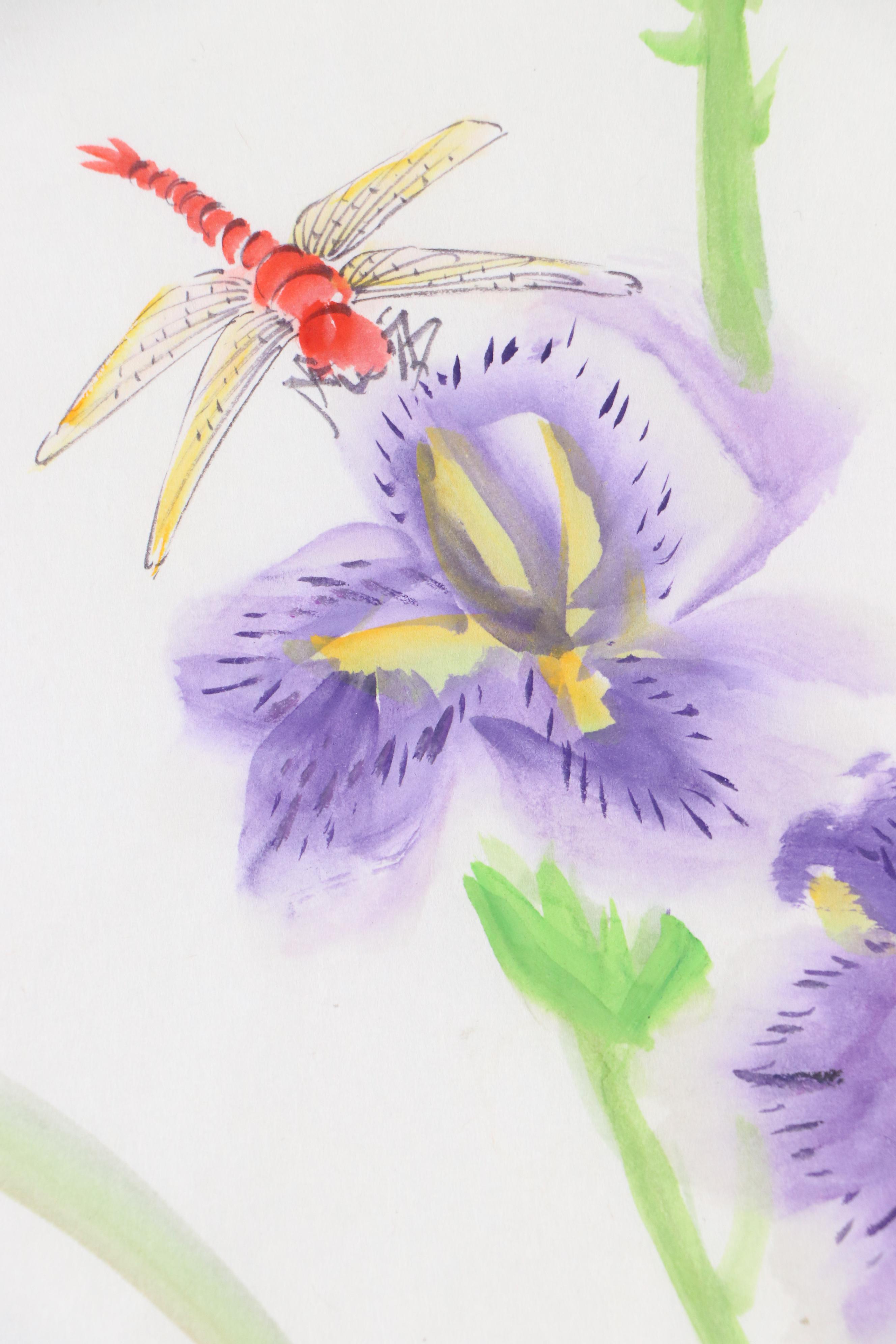 Japanese Sumi-e Painting of Irises and Dragonfly