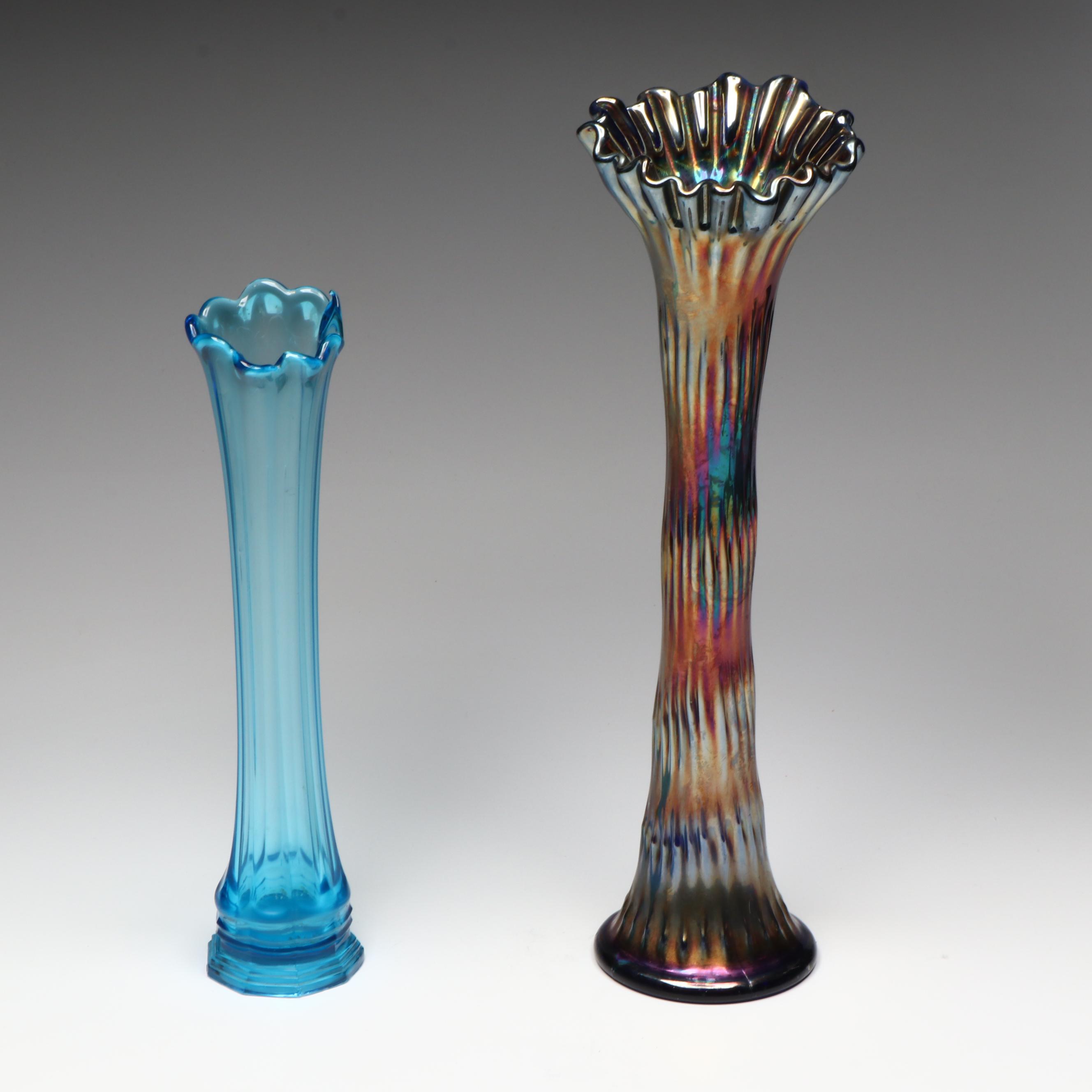 Mid Century Modern Fenton Carnival Glass Vase with Other Blue Swung Vase