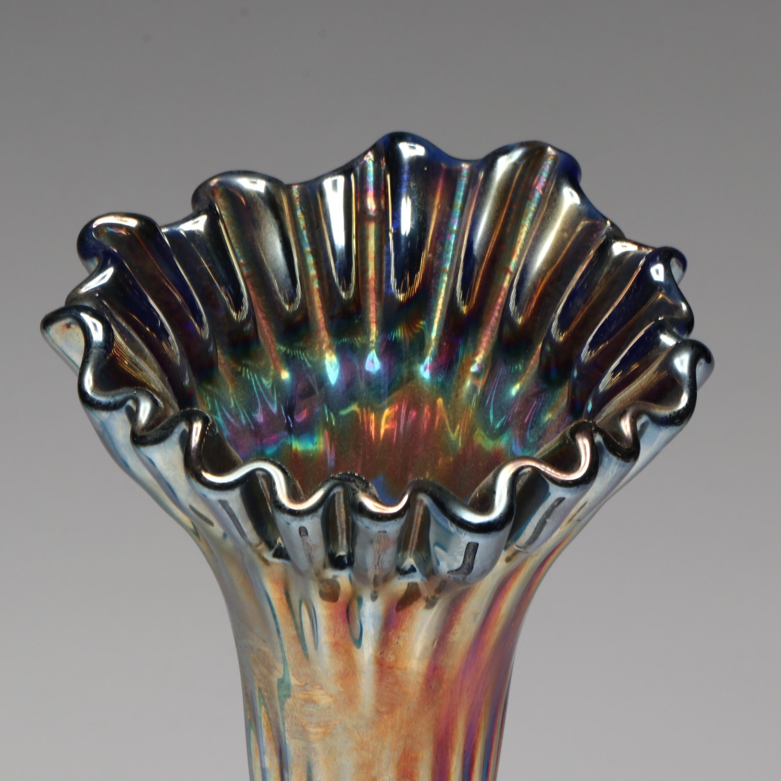 Mid Century Modern Fenton Carnival Glass Vase with Other Blue Swung Vase