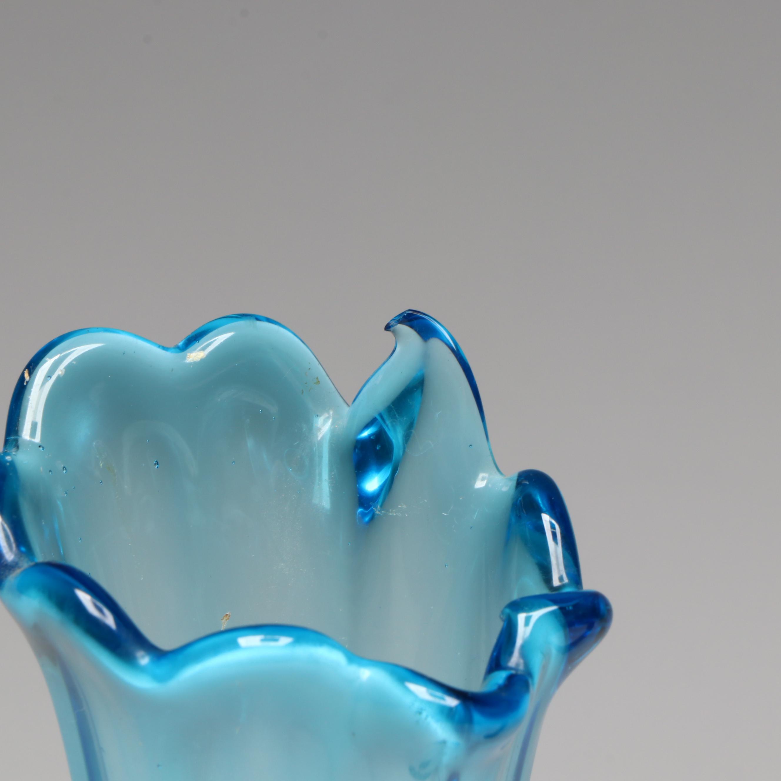 Mid Century Modern Fenton Carnival Glass Vase with Other Blue Swung Vase