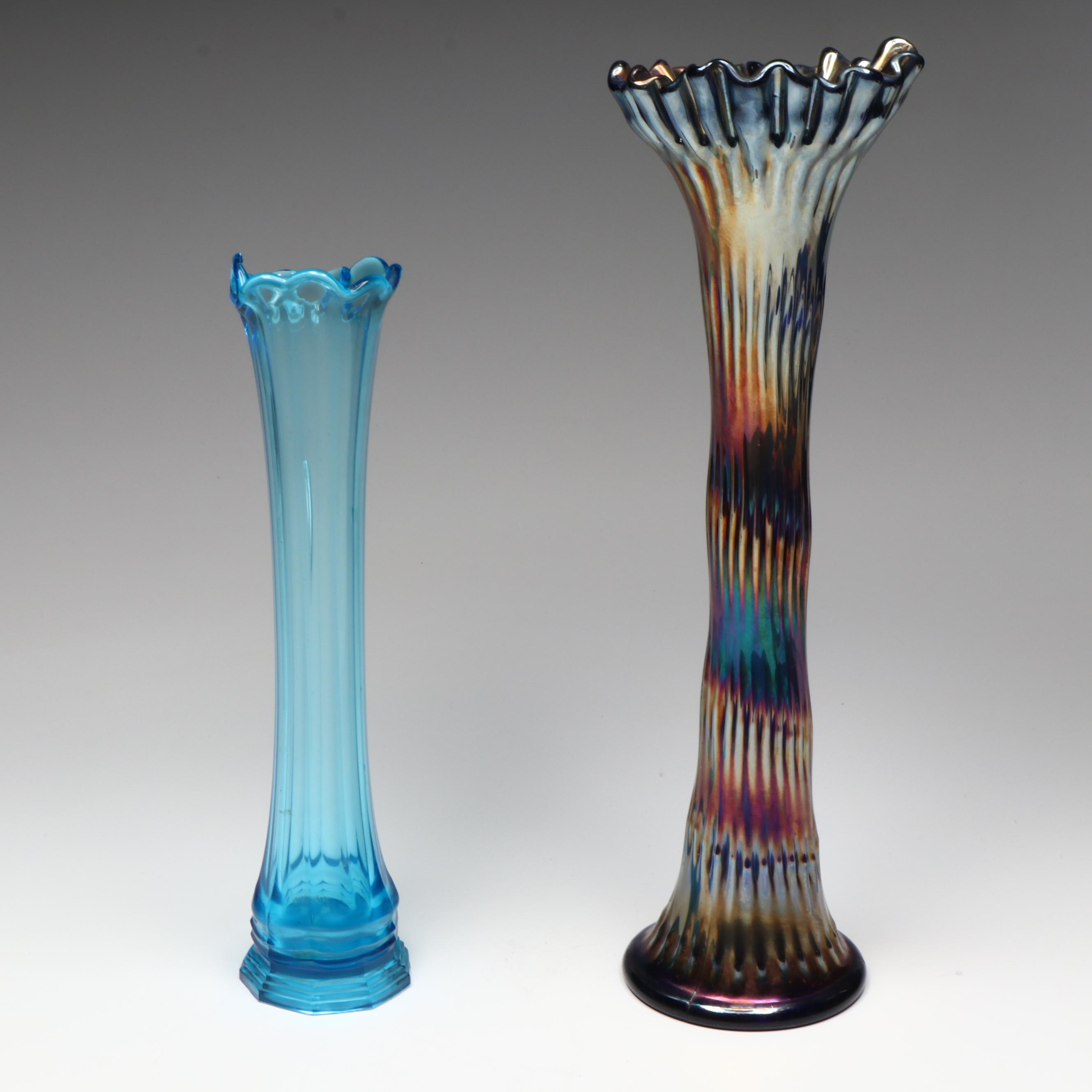 Mid Century Modern Fenton Carnival Glass Vase with Other Blue Swung Vase